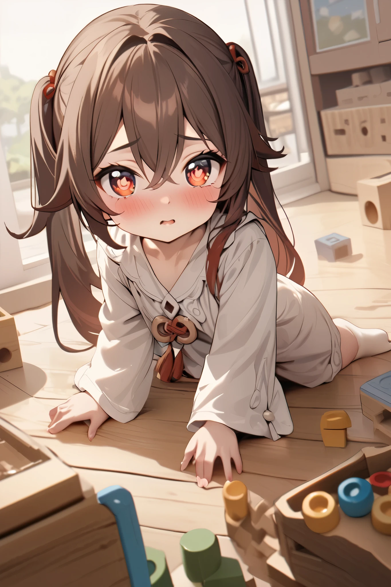 NSFW,masterpiece, top quality , high res, very detailed,Futao\(Genshin Impact\)、 long hair、bangs、Brown Hair、Red Eye、 hair between eyes、 twin tails、side lock、 symbol shaped pupil ,Smock,blush, Kindergarten,Building blocks