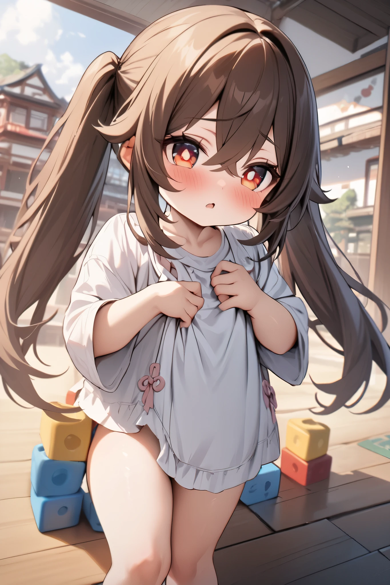 NSFW,masterpiece, top quality , high res, very detailed,Futao\(Genshin Impact\)、 long hair、bangs、Brown Hair、Red Eye、 hair between eyes、 twin tails、side lock、 symbol shaped pupil ,Smock,blush, Kindergarten,Building blocks