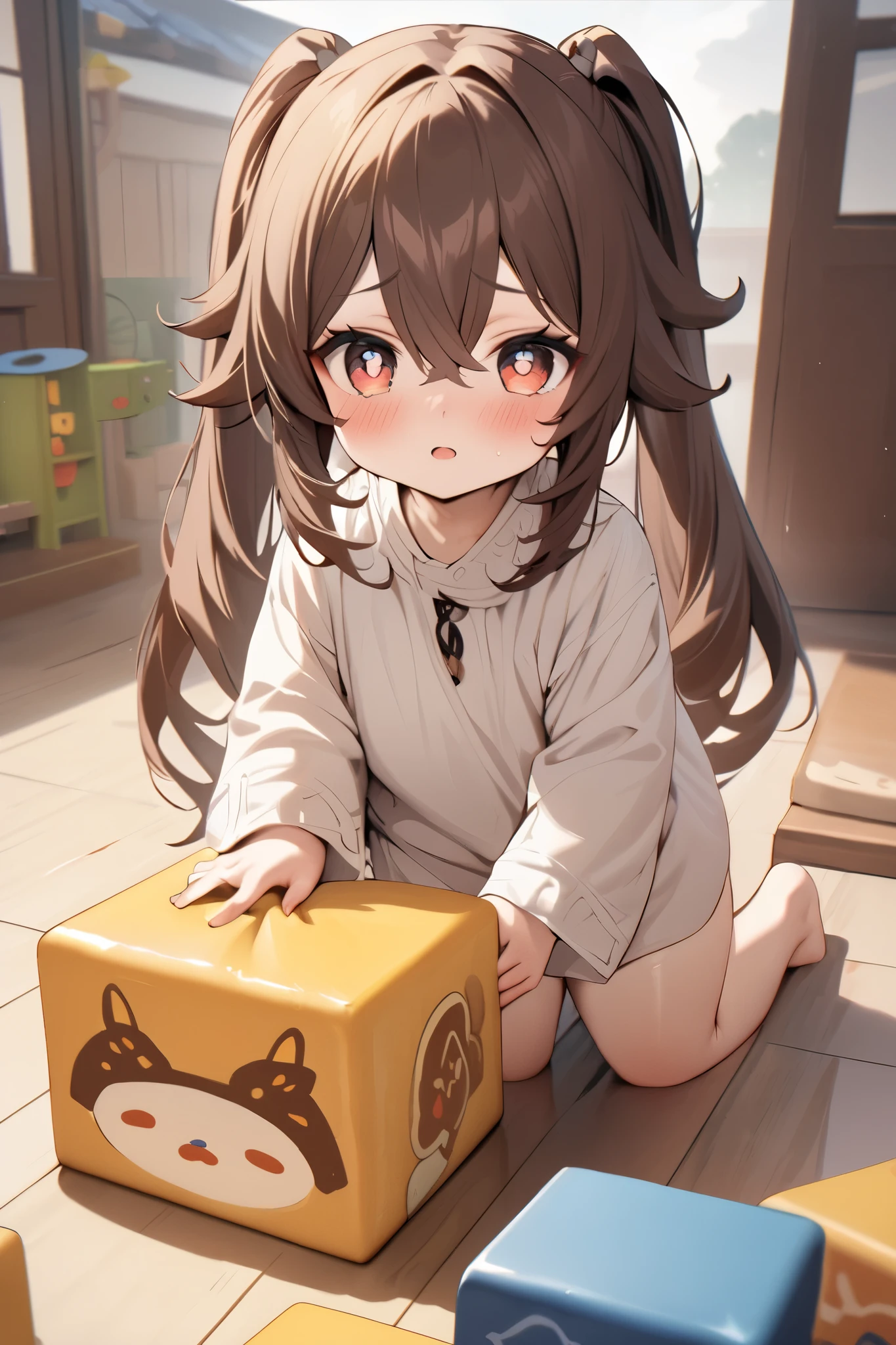 NSFW,masterpiece, top quality , high res, very detailed,Futao\(Genshin Impact\)、 long hair、bangs、Brown Hair、Red Eye、 hair between eyes、 twin tails、side lock、 symbol shaped pupil ,Smock,blush, Kindergarten,Building blocks