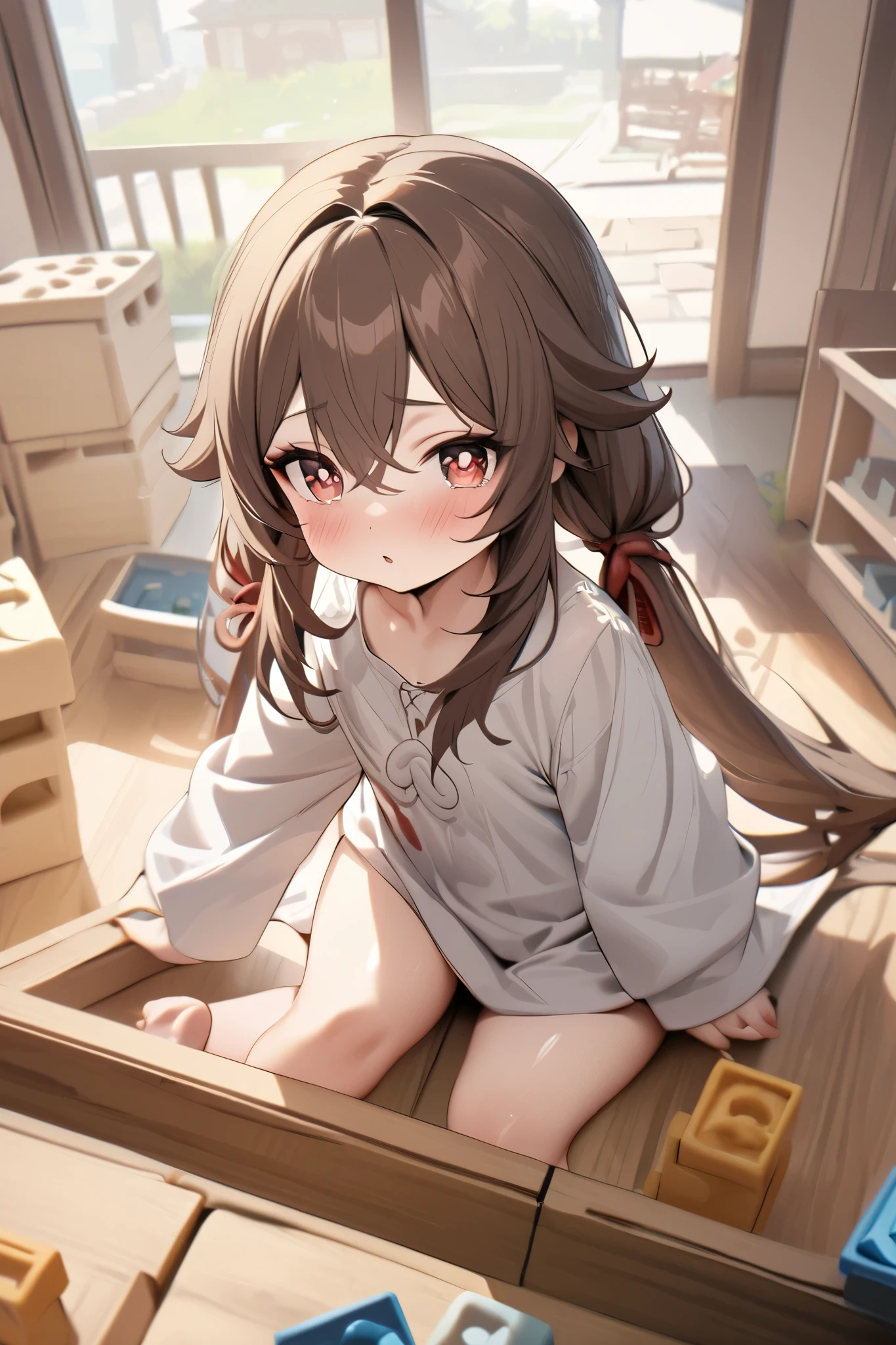 NSFW,masterpiece, top quality , high res, very detailed,Futao\(Genshin Impact\)、 long hair、bangs、Brown Hair、Red Eye、 hair between eyes、 twin tails、side lock、 symbol shaped pupil ,Smock,blush, Kindergarten,Building blocks