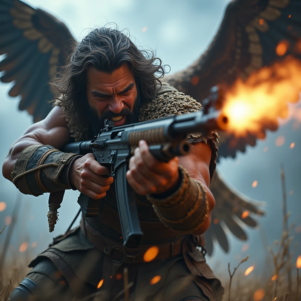 masterpiece, (best quality:1.2),(Ashley Wood Style:1.2),(Nick Vicesi Style:0.6), (Clear focus:1.2),Male angel, Wings spread, muscular, beard, Textured Skin, Death Stare, Bloody wounds, ((Holding a Giant rusty warhammer)).Solar eclipse background, Simple golden background, Movie Lighting, glare, Photon Mapping,