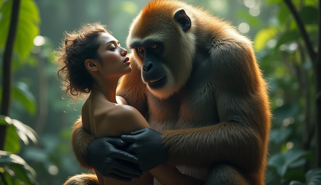 A (((tween holding a monkey and a monkey in her arms,))) Nami from one piece. Wearing micro skirt. ((And her get hugs with Lewd monkey groping her in jungle)).(realistic arts), intricate, (monkey craves her carnally), nipslip, puffy nip, ((monkey grabbing breasts))
