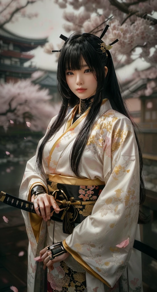 A cybernetic samurai woman in a traditional Japanese kimono with intricate golden patterns, standing in a serene environment surrounded by cherry blossom trees in full bloom. Her black hair flows naturally, accented with elegant hairpins. Her robotic hands hold a katana with a detailed hilt, while her calm, piercing gaze reflects strength and mystery. The background features a traditional Japanese temple bridge, partially obscured by the gentle fall of pink sakura petals. The lighting is soft and atmospheric, emphasizing the blend of traditional Japanese aesthetics and futuristic cyberpunk elements. High detail, ultra-realistic rendering, cinematic composition.