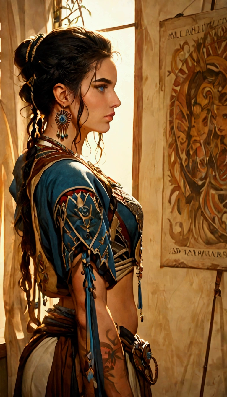 Fantasy, sci-fi, realistic oil painting with hard brush, full body shot, profile shot,  mythic arabic female warrior, arabic origin, long black hair, blue eyes, loose arabic clothes with some armor parts, visible belly and neckline, ancient tribal tattoos, dynamic pose with ancient curved arabian sword glowing with magic power, keeping the golden rule of the tri-partition of the frame where the figure stands on the left side of the frame oil painting on canvas, dramatic colors, dramatic, wallpaper, movie poster style, luis royo style,Painting of, midjourneyv6.1