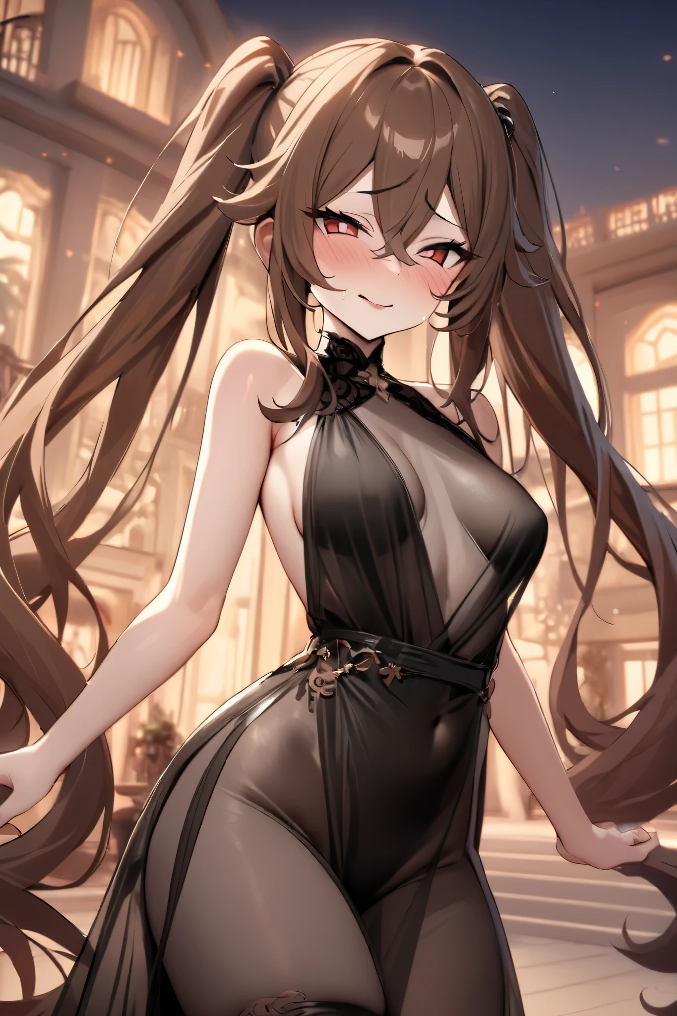 NSFW,masterpiece, top quality , high res, very detailed,Futao\(Genshin Impact\)、 long hair、bangs、Brown Hair、Red Eye、 hair between eyes、 twin tails、side lock、 symbol shaped pupil , Evening Dress, see-through,Luxurious mansion, party venue,smug face,Embarrassed,blush, place your hand on your lower back