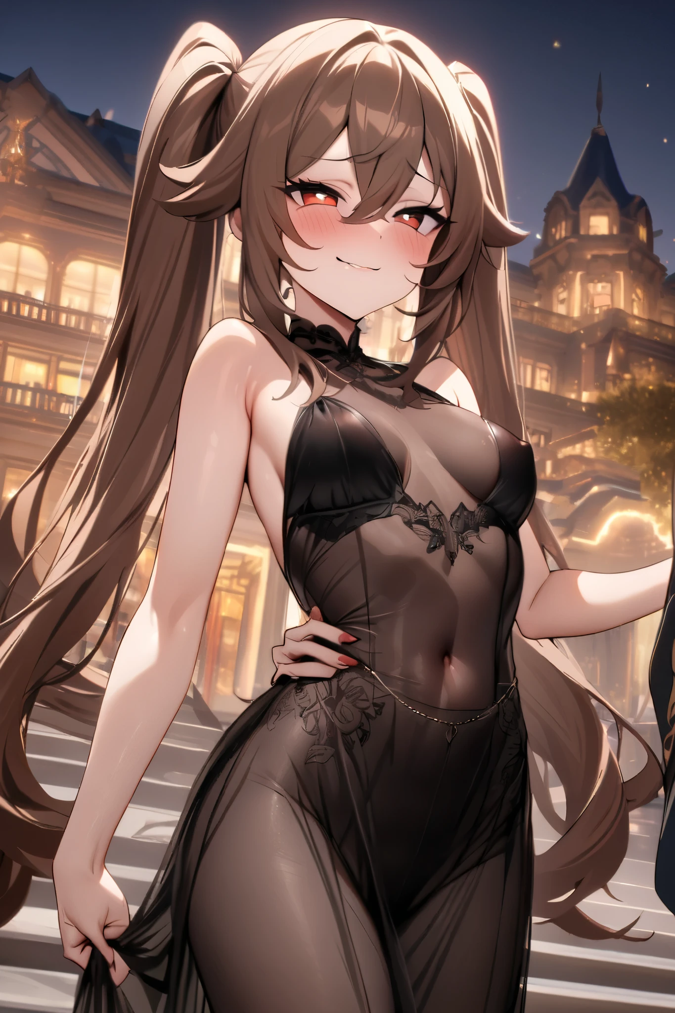 NSFW,masterpiece, top quality , high res, very detailed,Futao\(Genshin Impact\)、 long hair、bangs、Brown Hair、Red Eye、 hair between eyes、 twin tails、side lock、 symbol shaped pupil , Evening Dress, see-through,Luxurious mansion, party venue,smug face,Embarrassed,blush, place your hand on your lower back