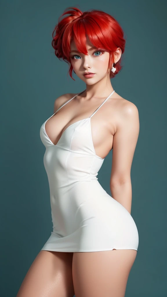 ranma chan, redhead,  A woman  , long straight red hair,  bright and expressive blue eyes, she opted for white mini evening dress,  small breasts ,  Not suitable for work,   big ass,  thick thighs ,  wide hips , Desde atrás, Chinese doyo ,