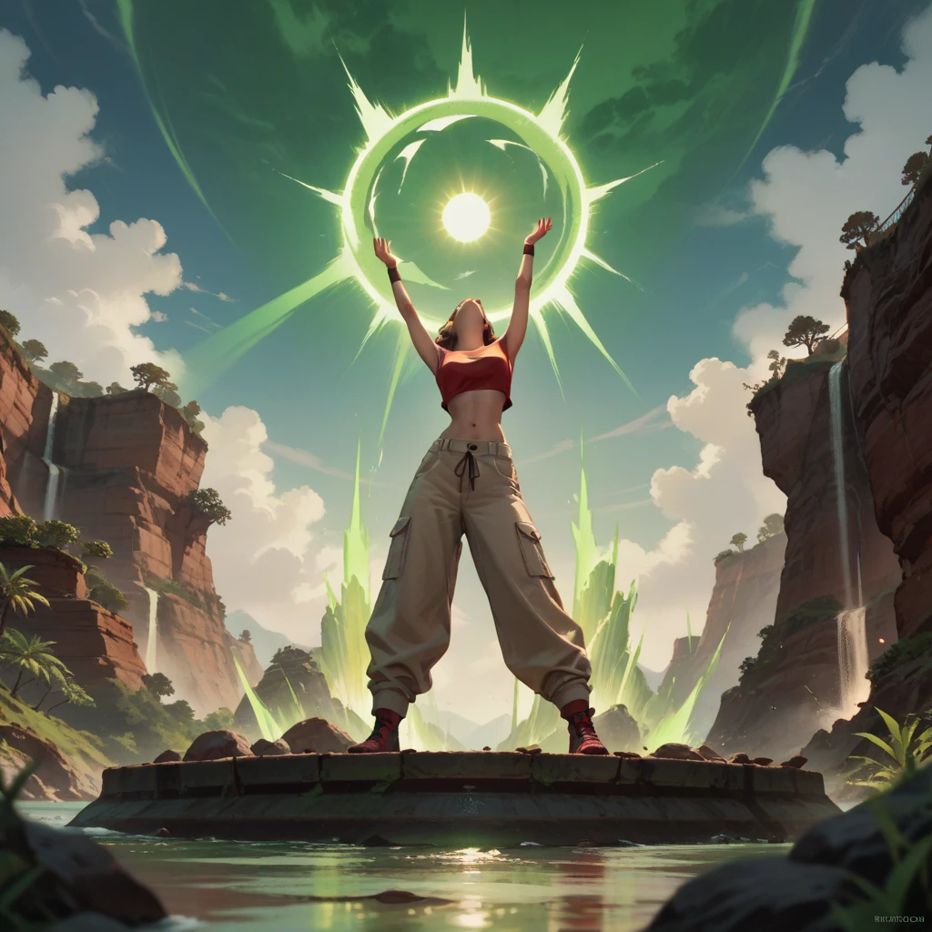 standing on an island, wearing a red crop top,hands above her head, launching a green energy ball