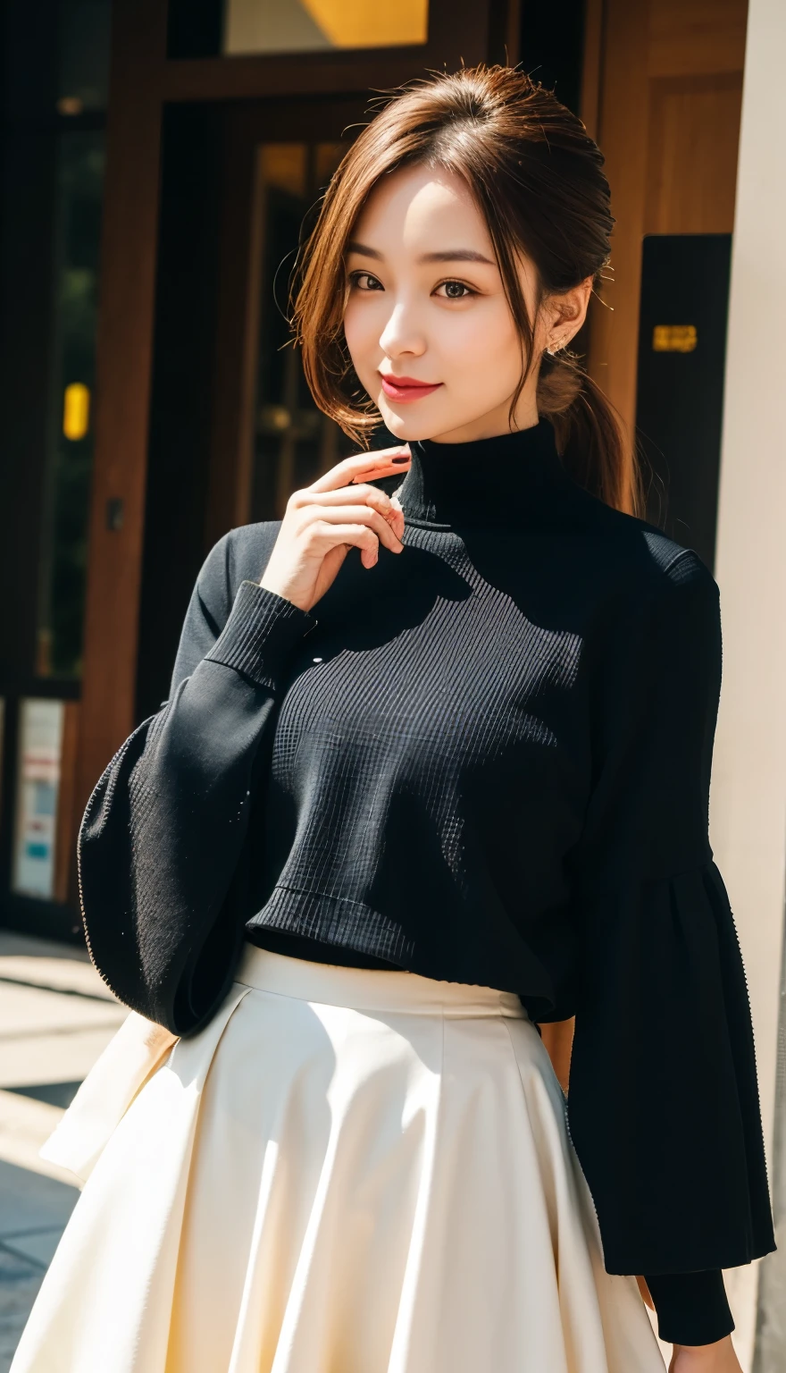 Top quality, 1 beautiful woman, Slim Body, Busty Breasts, half smile, linger, 35mm lens, f/1, cowboy shot , high ponytail, wearing black Bell-sleeve-sweater Tulip skirt , Sunlight, at street