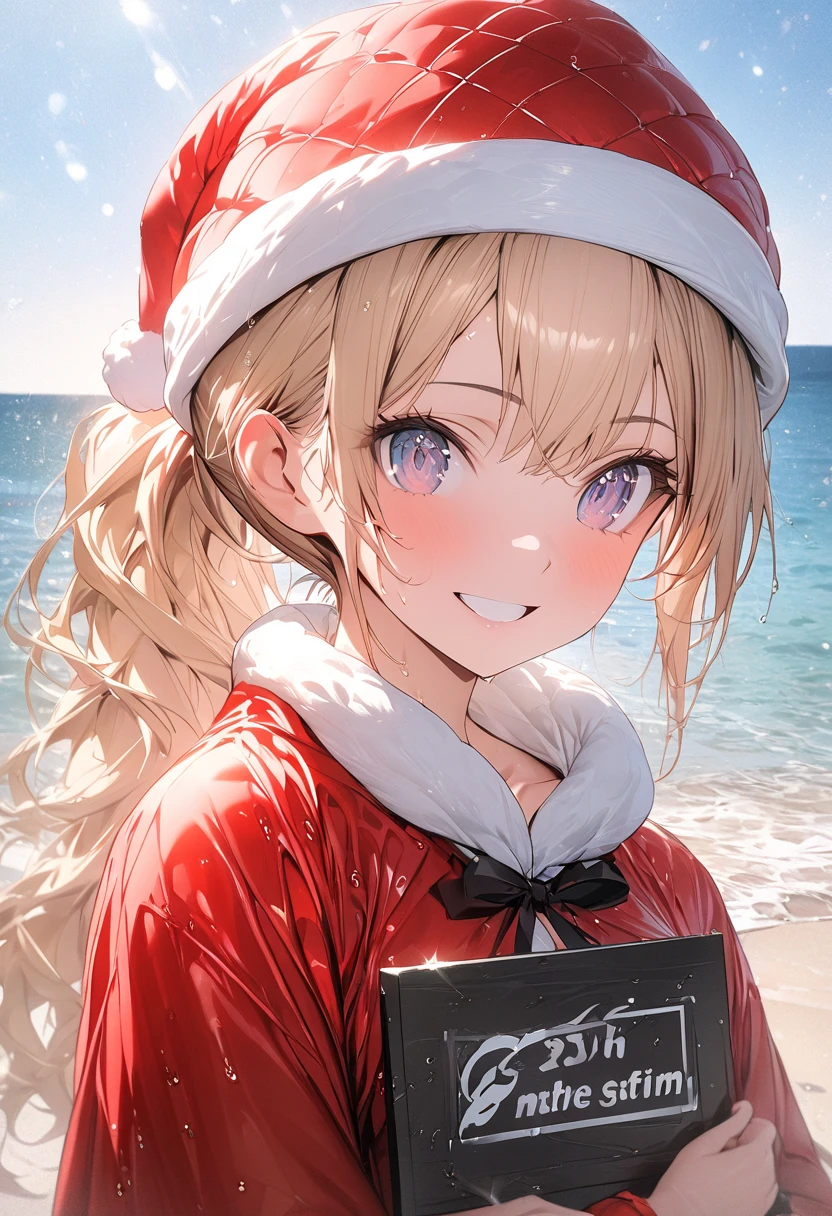 score_9,score_8_up,score_, masterpiece,High resolution,Highest quality,8k, (holding blank sign), ,(Flat Chest,Short,blond Hair,ponytail), (wearing santa's red coat and hat), at the seaside, summer, The best smile,looking at the camera,living. soaking wet, wet clothes, wet hair, shiny skin, satisfied, full body view, sophisticated design, advanced lighting technology, live-action photo 8K quality