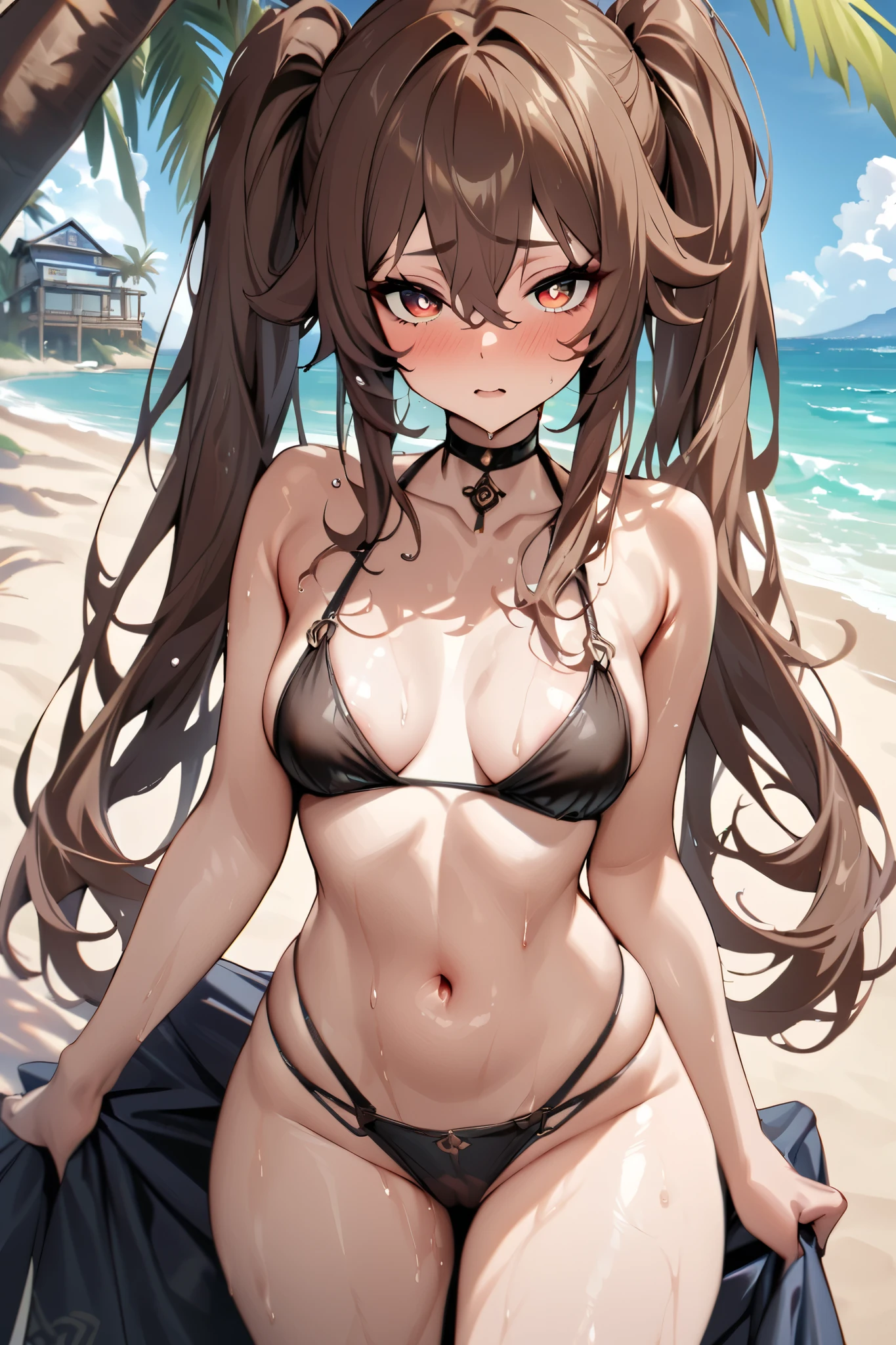 NSFW,masterpiece, top quality , high res, very detailed,Futao\(Genshin Impact\)、 long hair、bangs、Brown Hair、Red Eye、 hair between eyes、 twin tails、side lock、 symbol shaped pupil , bikini,beach, palm trees,Beach House, wet