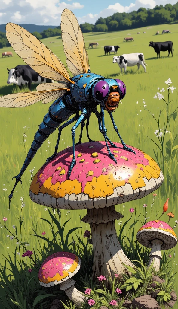 Macro style :
A colorful dragonfly , metallic, scary. 
 It is on top of a poisonous mushroom .
 In the background a verdant pasture full of cattle.
32K, HDR, UHD. 