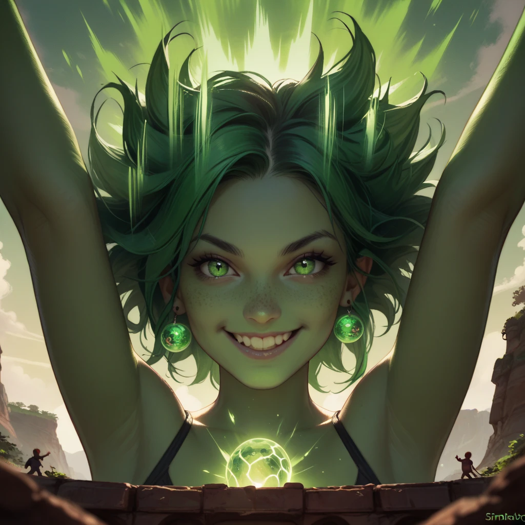 standing on an island, hands above her head, launching a green energy ball, looking at the viewer,close up viewpoint, releasing green sparky aura, evil smile