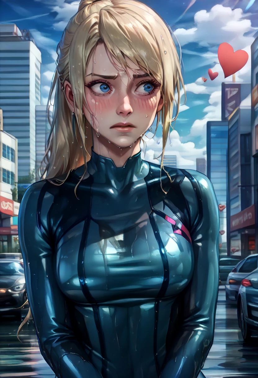 ( High Quality , very detailed:1.37,  high res), masterpiece, 最 High Quality , jessamus, Blonde,  ponytail,  blue eyes,  blue bodysuit , Zero Suit,  upper body red , (Make her wet:1.5),  viewers,  Embarrassing , humiliation, ( blanking in the heart of the city:1.5), ( standing:1.5),  cross your arms a little