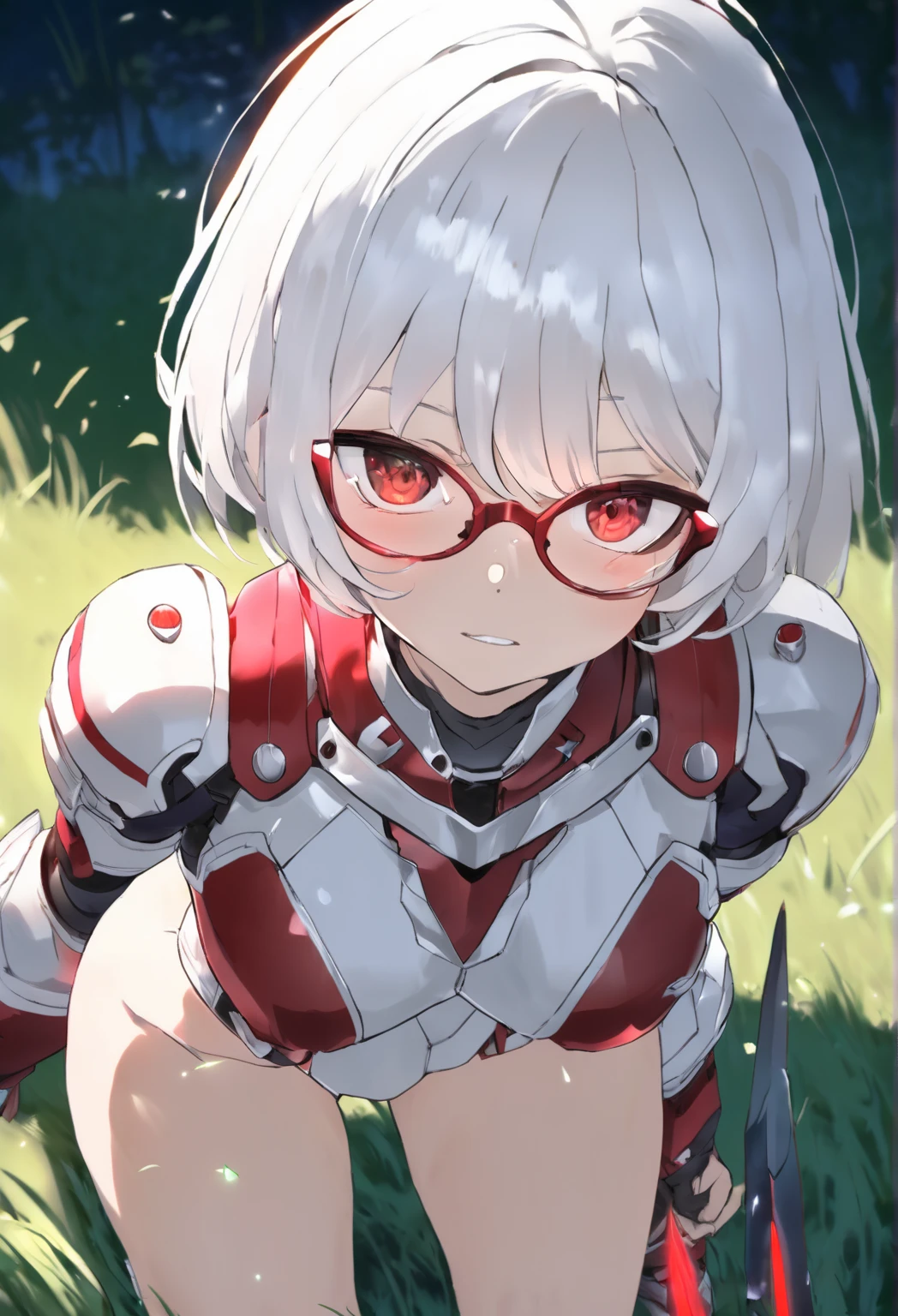 anime girl with white hair and glasses crouching down in the grass, white and red armor, armor girl, detailed digital anime art, clean detailed anime art, detailed anime character art, ayaka genshin impact, cushart krenz key art feminine, cute cyborg girl, best anime 4k konachan wallpaper, wearing shiny breastplate