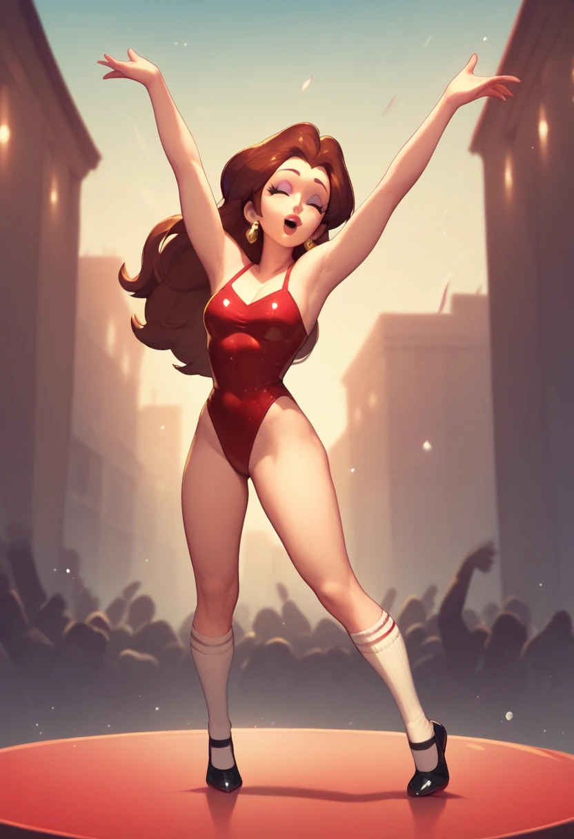 Cute Pauline wearing a sparkling shiny red leotard, black Mary Jane strap tap shoes with white socks,,performing on stage with a city background, black mix with brown hair, eyes are centered,, while tap dancing, 