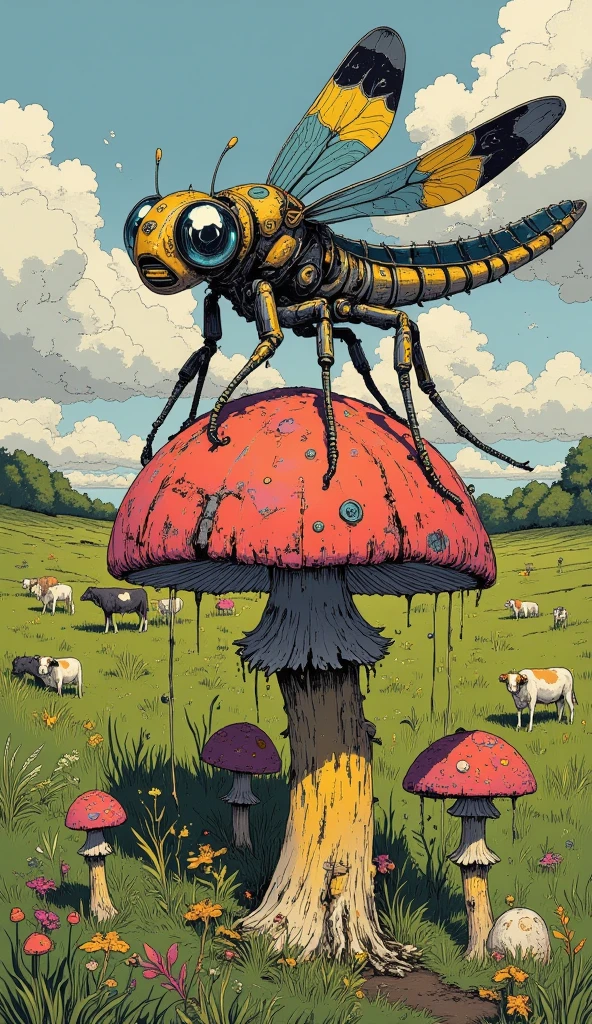 Macro style :
A colorful dragonfly , metallic, scary. 
 It is on top of a poisonous mushroom .
 In the background a verdant pasture full of cattle.
32K, HDR, UHD. 