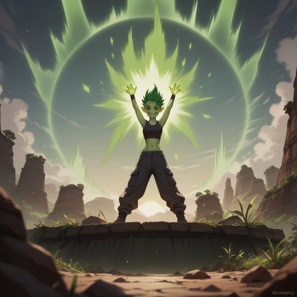 standing on an island, hands above her head, launching a green energy ball, looking at the viewer,front view viewpoint, releasing green sparky aura, evil smile