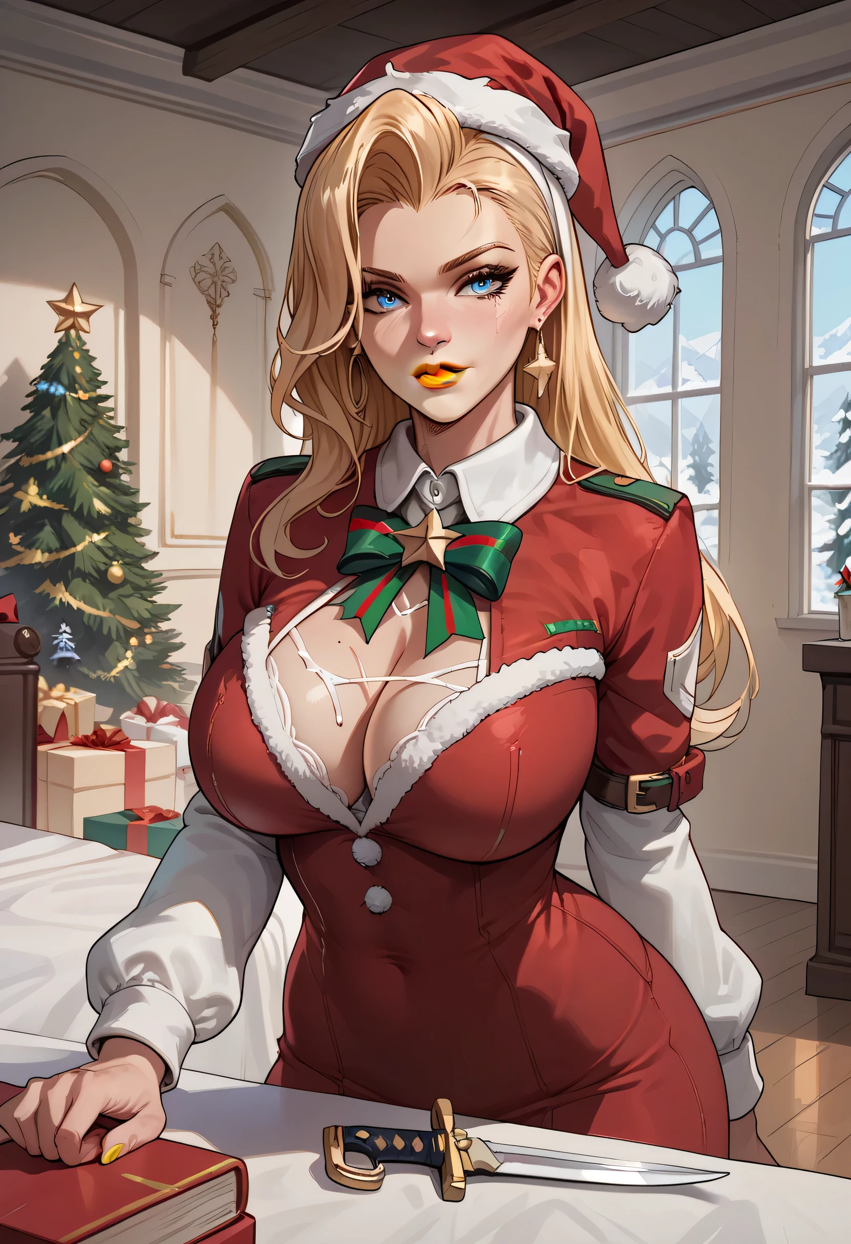 woman, blonde hair, white skin, blue eyes, yellow lipstick, christmas outfit, christmas, dagger, indoors, big breasts