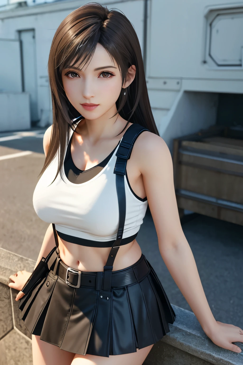 (Realistic: 1.4), 最high quality, Very delicate and beautiful, High resolution,masterpiece, 最high quality, 超High resolution, (Realistic:1.4), Detailed beautiful face, , One girl, Tifa_Lockhart, Final Fantasy VII Remake, Stunning European Women,Cowboy Shot, suspenders, Low rise, Black mini skirt, Black border white tank top, Tense shirt, Black Hair, Long Hair, Sexy Body,Beautiful breasts, Very beautiful and shining eyes,Beautiful feet, So cute, Close-upポトレイト, 柔らかい肌のPerfect Faceを持つ素敵な, Perfect Face, (((Huge breasts))),Tight waist,Chainetter、thigh、In the dungeon,Complete diagram, Shapely hips, 8k resolution,Surreal,Ultra-detailed,high quality, (Huge teardrop chest, Huge breastsの谷間:1.2)， Giant tit， Close-up,A broad perspective