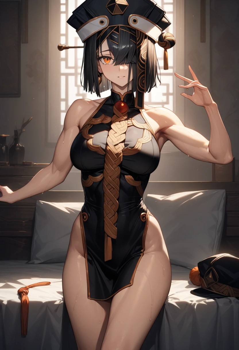 masterpiece,best quality,high resolution,8k,ultra HD,wallpaper,illustration,perfect face,cowboy shot,beautiful detailed eyes,extremely detailed face,perfect lighting,extremely detailed CG,perfect hands,perfect anatomy,perfect body,perfect hands,perfect fingers,1woman,full body,,muscle fighter body,black short hair, hair over one eye,orange eyes,large breasts,Medium ass,,(white China dress),,black hat,clothed,,collarbone,,looking at viewer, (),Steam,sweat,on the bed,(Fate Grand Order character Xu Fu),