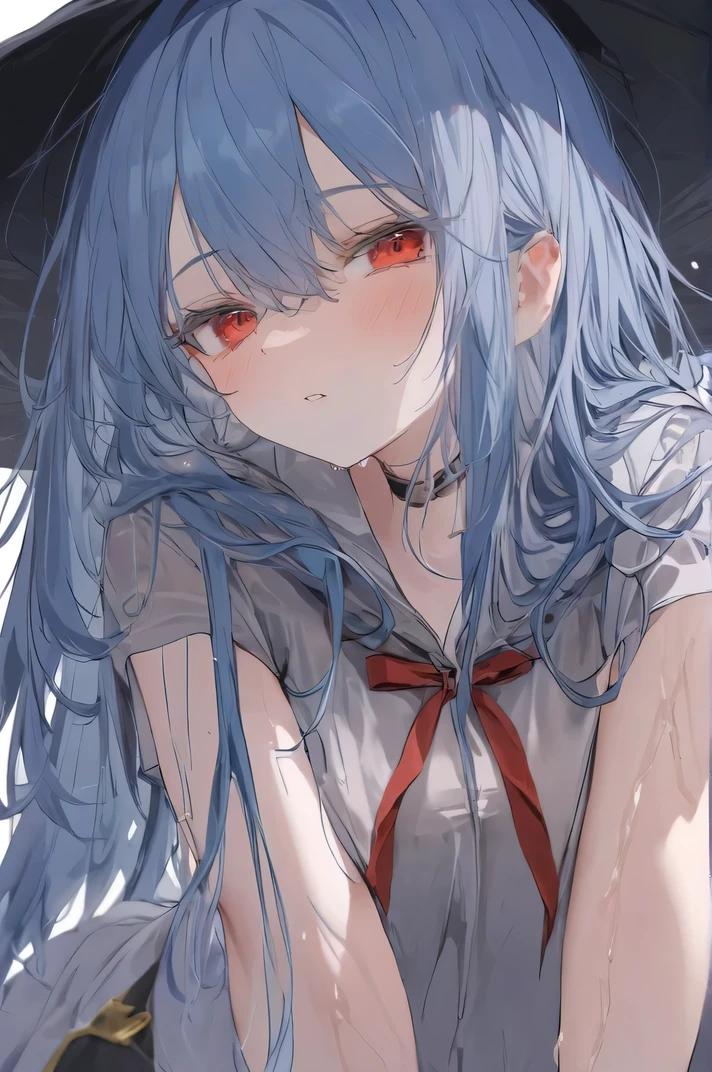  Top quality  ，  Best Quality ，  Official Art  ，cool, beautiful, And pick   ， Very Detailed （Fractional art 1 .2），most detailed，  a girl ，  expressionless faces  ， Dark blue long hair   ， wearing a wizard hat，  dark red eyes  ， Seductive Expression ,   background box is partially drawn,   Very Detailed  ,   high detail  ,，wet，,Face the audience， Despicable expression ， with hands clasped to chest