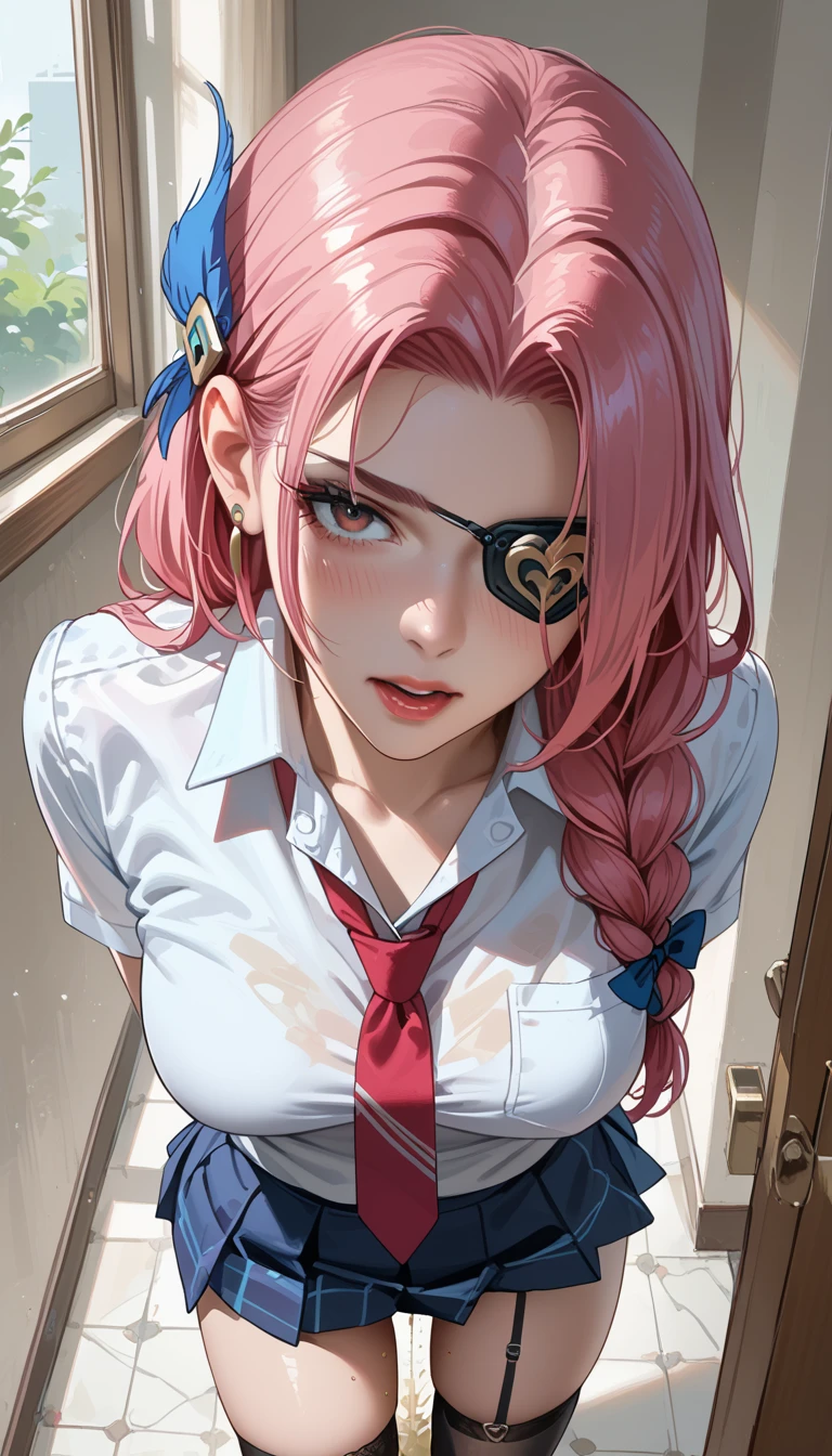      rape、    、  school uniform、   pee   、urination、    yellowy urine、  Panties with urine stains 、   masturbation、    put your hands inside the panties、  Protruding pubic hair  、   ahe face、  in the bathroom、 from above,pink hair ,braided hair,blindfold,one eye patch,hair over one eye,blue hairpin