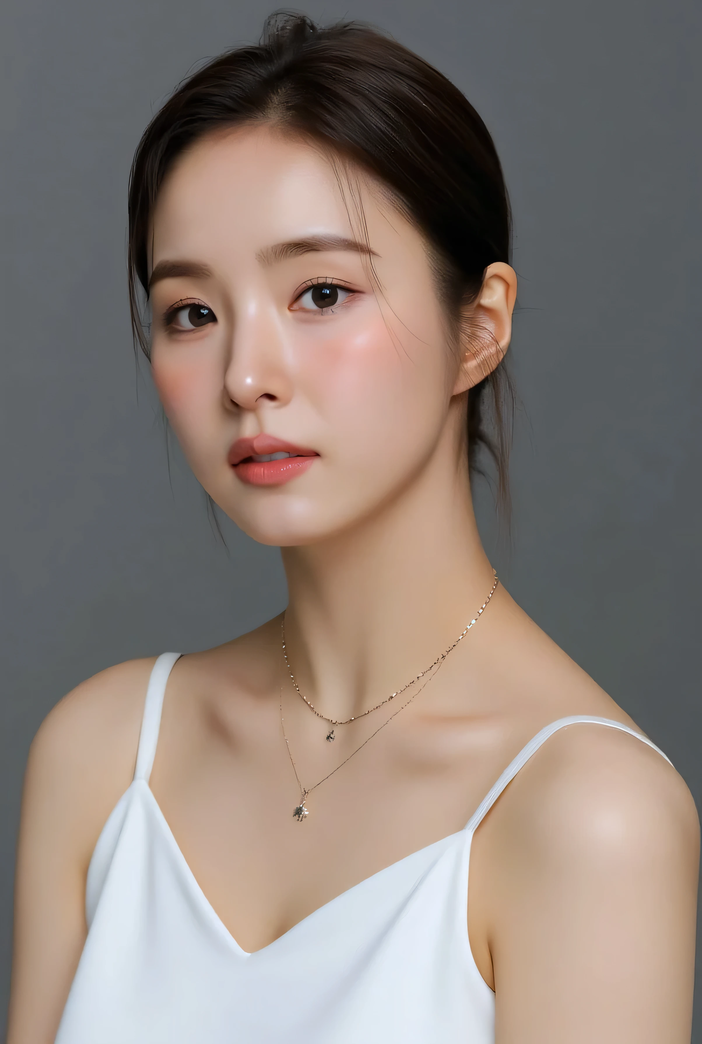 medium full shot of beautiful asian girl , wearing white sleeveless dress, gray background, overexposed, studio lighting, necklace, dslr, studio lighting, high quality, film grain, light reflections, blood vessels, pale skin, skin pores,blood vessels in sclera, detailed skin, beauty spots, skin fuzz,. 