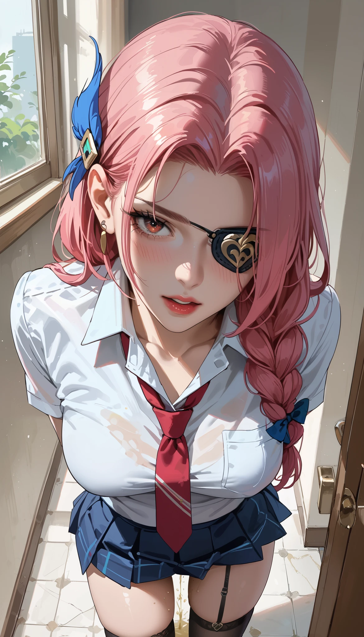      rape、    、  school uniform、   pee   、urination、    yellowy urine、  Panties with urine stains 、   masturbation、    put your hands inside the panties、  Protruding pubic hair  、   ahe face、  in the bathroom、 from above,pink hair ,braided hair,blindfold,one eye patch,hair over one eye,blue hairpin