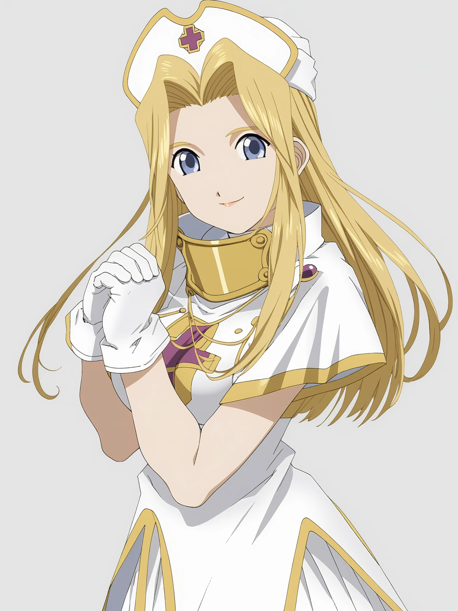 score_9, score_8_ up, score_7_ up,  Source_anime, official art style, (((simple line and color))), (((flat color, Vector))),
((( from the front))), (((whole body,  Big Breasts , throw, portrait))),
(((closed smile))), 

 Watching Viewers ,
Mint base , Blonde,  long hair,  blue eyes,  white gloves, White Hat, white dress, zPDXL, zPDXL