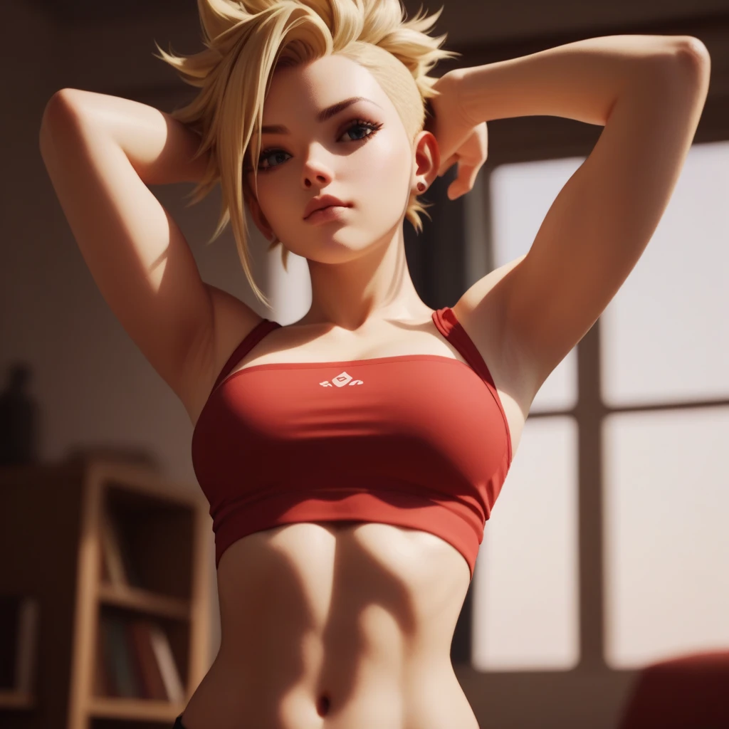 Blonde hair , green eyes ,lightly tan skin , age 15, black short skirt and crop top