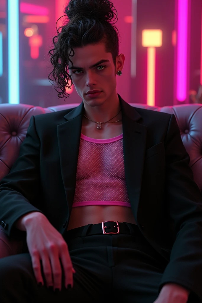 A photo of a cyberpunk male socialite enjoying the VIP section of a high-end nightclub. His hair is meticulously styled with sleek, gelled back strands and subtle neon streaks. He wears a sophisticated cyberpunk suit, tailored to perfection and accented with glowing details. The VIP area of the nightclub is opulent, featuring exclusive seating, private holographic displays, and panoramic views of the vibrant club below. The camera focuses on his upper body, capturing his poised and confident presence in the lavish club setting.
<lora:CyberPunk4:0.5>