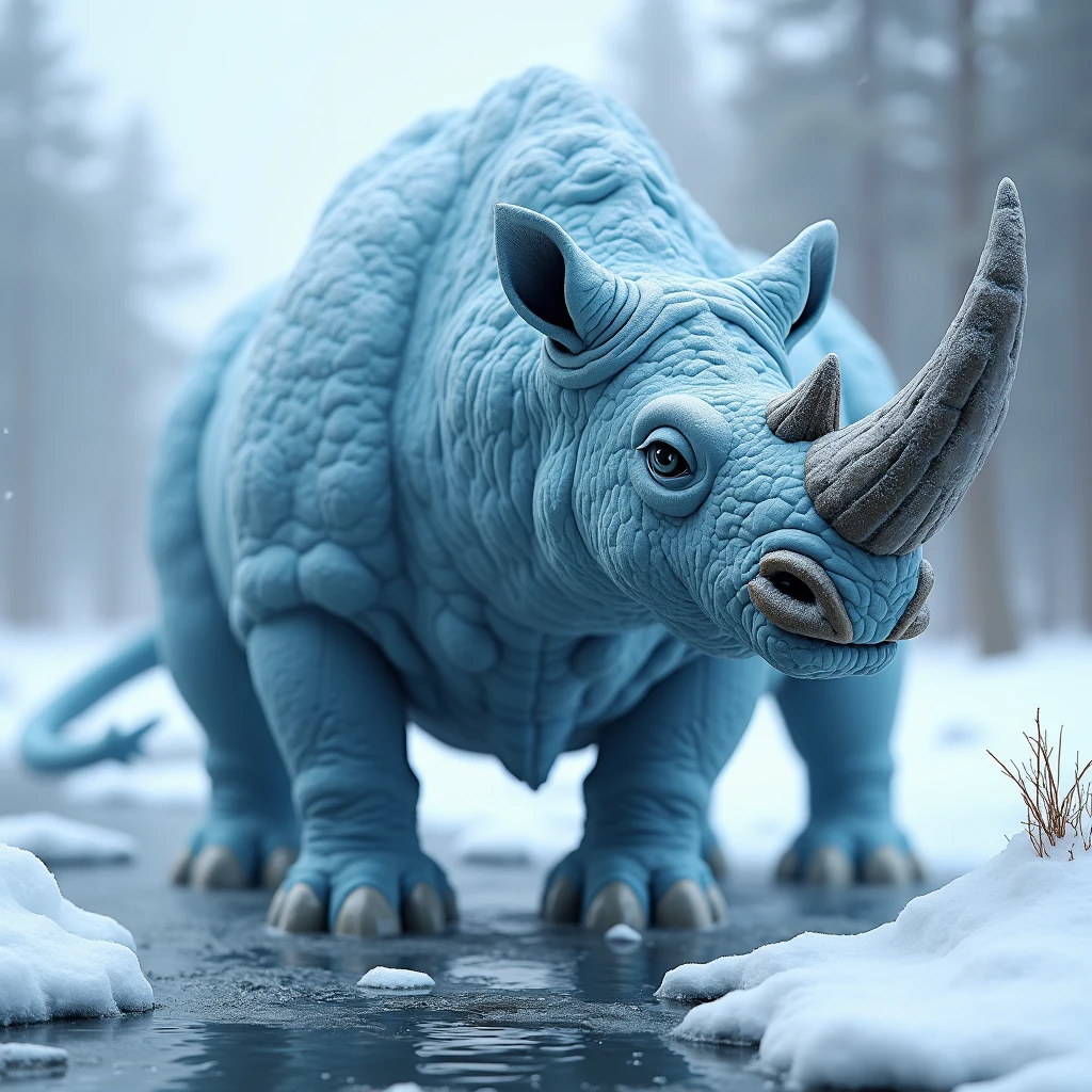 A hyper-realistic 4K portrayal of a Frozen Direhorn, a rhinoceros-like beast with rough, icy-blue skin and a massive, jagged horn coated with frost. Its small, black eyes are filled with fury, and its breath escapes in clouds of mist. The Direhorn stands on a frozen river, its powerful legs cracking the icy surface beneath its weight.