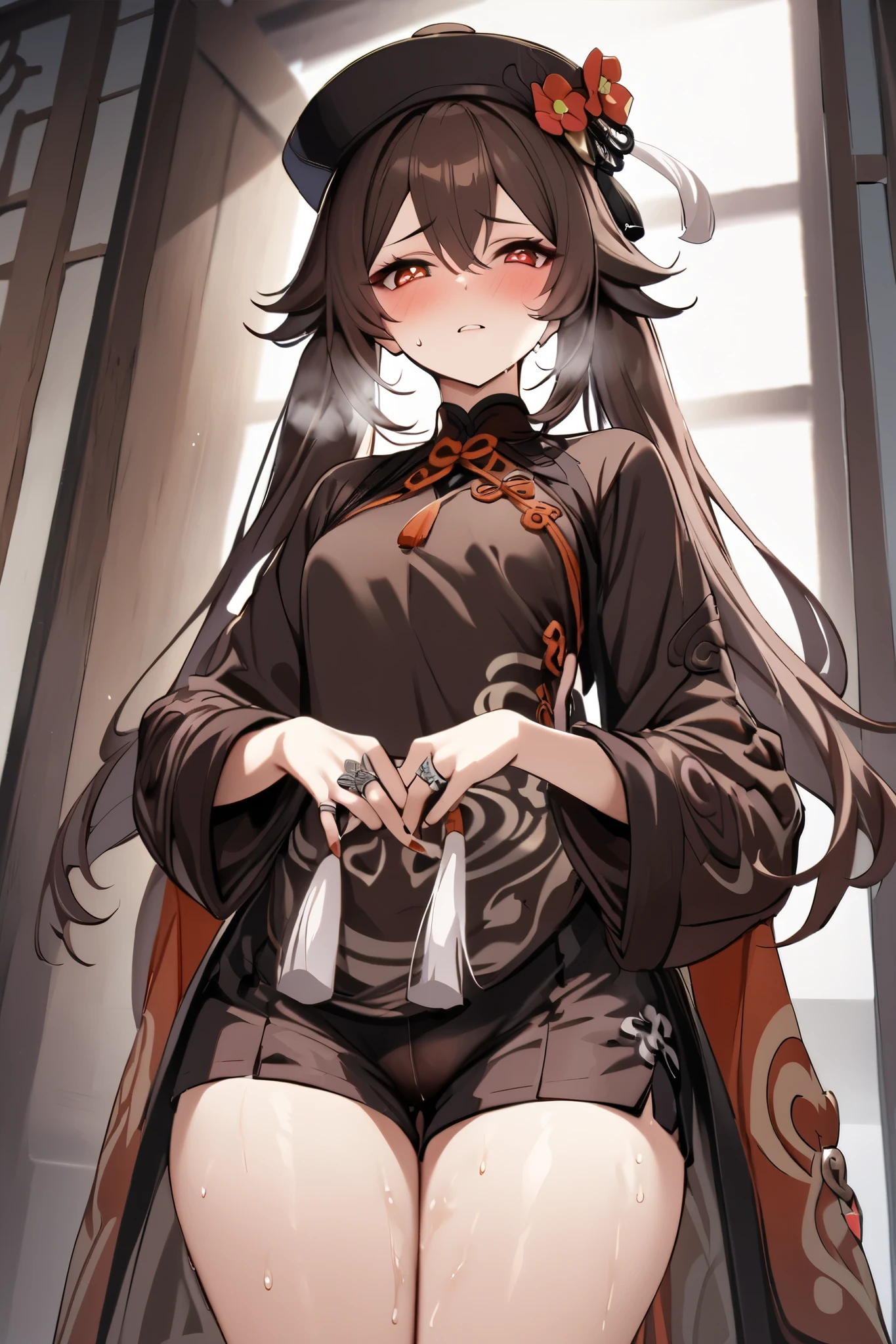 NSFW,masterpiece, top quality , high res, very detailed,Futao\(Genshin Impact\)、 long hair、bangs、Brown Hair、Red Eye、 hair between eyes、 twin tails、side lock、 symbol shaped pupil , Long Sleeve 、hat、gem、flower、 SHORTS、 wide sleeve、 comments、 Chinese clothes、黒の SHORTS、ring、Black Nails、hat飾り、hatのflower,sweat,Heavy breathing,blush, crotch wet 