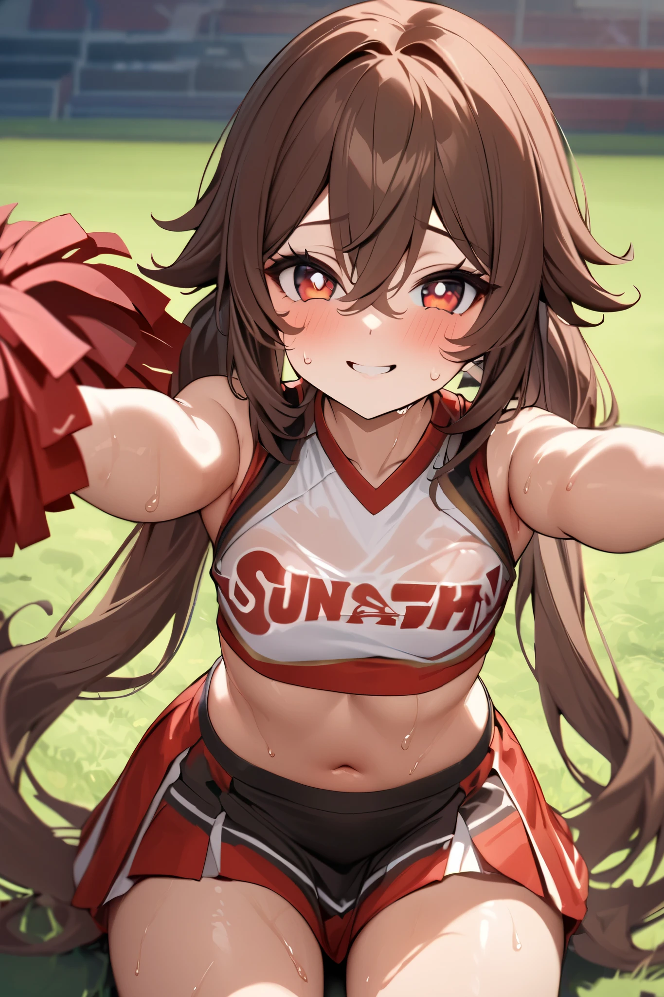 NSFW,masterpiece, top quality , high res, very detailed,Futao\(Genshin Impact\)、 long hair、bangs、Brown Hair、Red Eye、 hair between eyes、 twin tails、side lock、 symbol shaped pupil , cheerleader, crop top, miniskirt, spats,Ground, fresh smile ,sweat, cute pose, is transparent