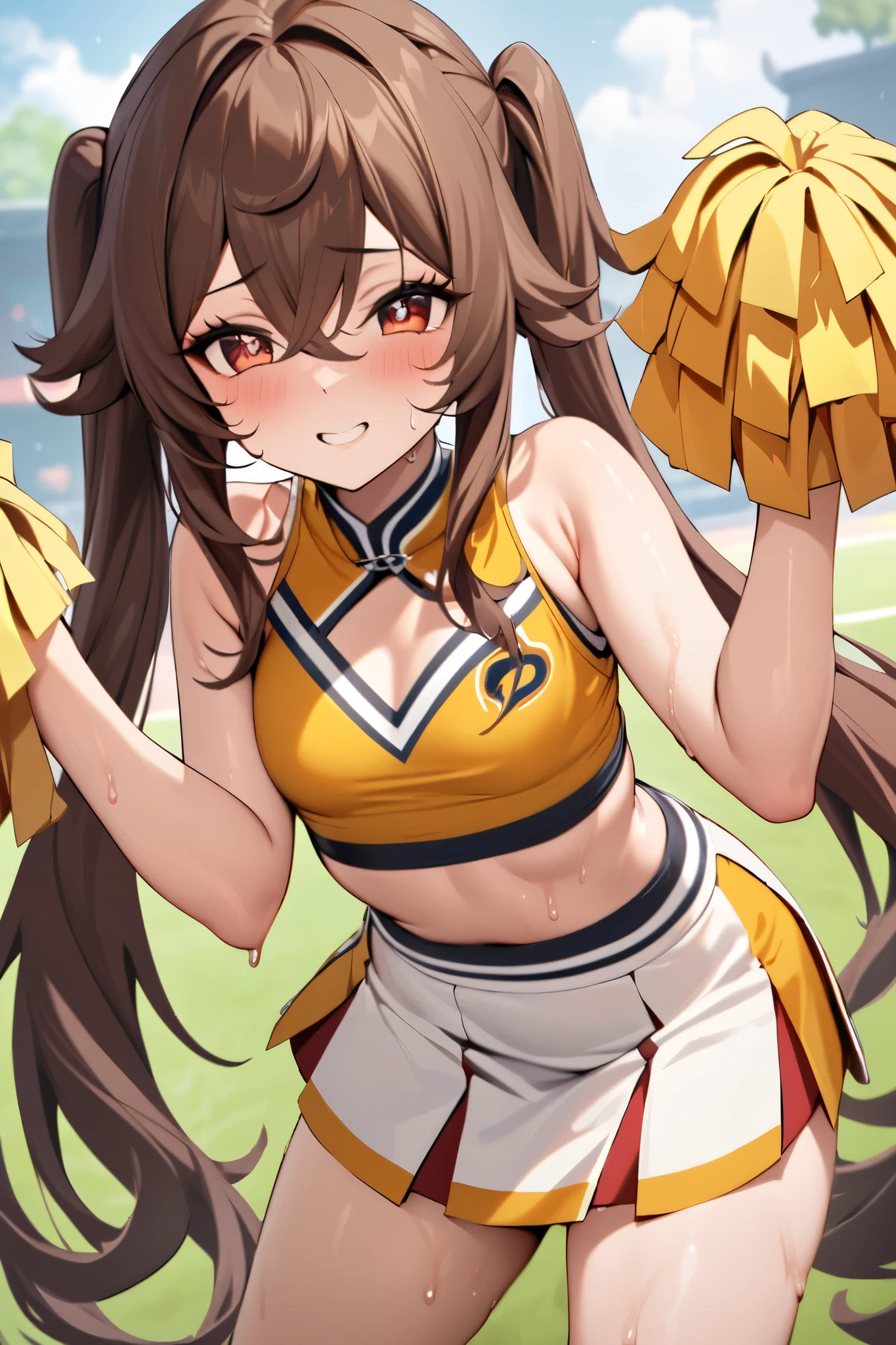 NSFW,masterpiece, top quality , high res, very detailed,Futao\(Genshin Impact\)、 long hair、bangs、Brown Hair、Red Eye、 hair between eyes、 twin tails、side lock、 symbol shaped pupil , cheerleader, crop top, miniskirt, spats,Ground, fresh smile ,sweat, cute pose, is transparent