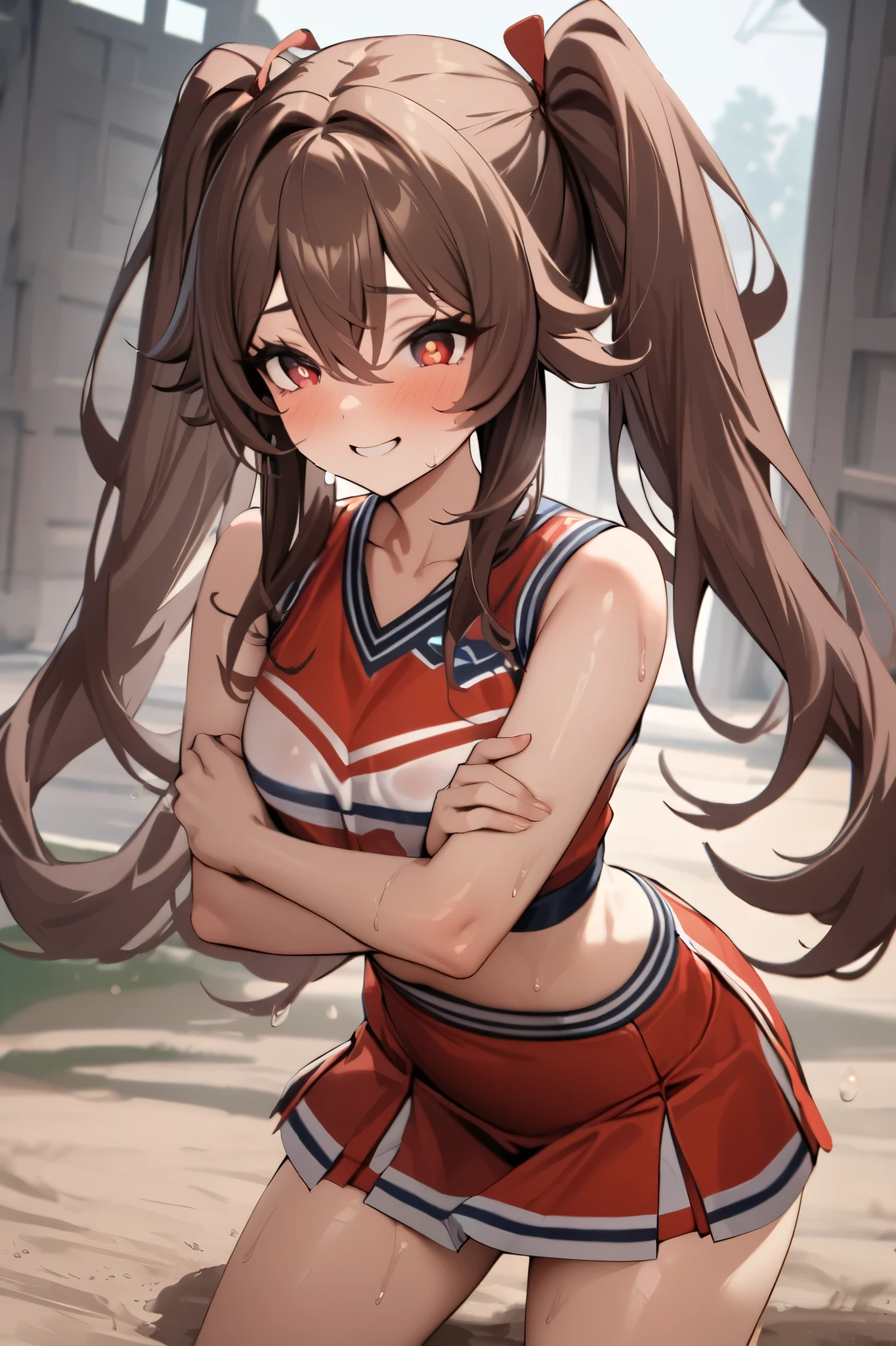 NSFW,masterpiece, top quality , high res, very detailed,Futao\(Genshin Impact\)、 long hair、bangs、Brown Hair、Red Eye、 hair between eyes、 twin tails、side lock、 symbol shaped pupil , cheerleader, crop top, miniskirt, spats,Ground, fresh smile ,sweat, cute pose, is transparent