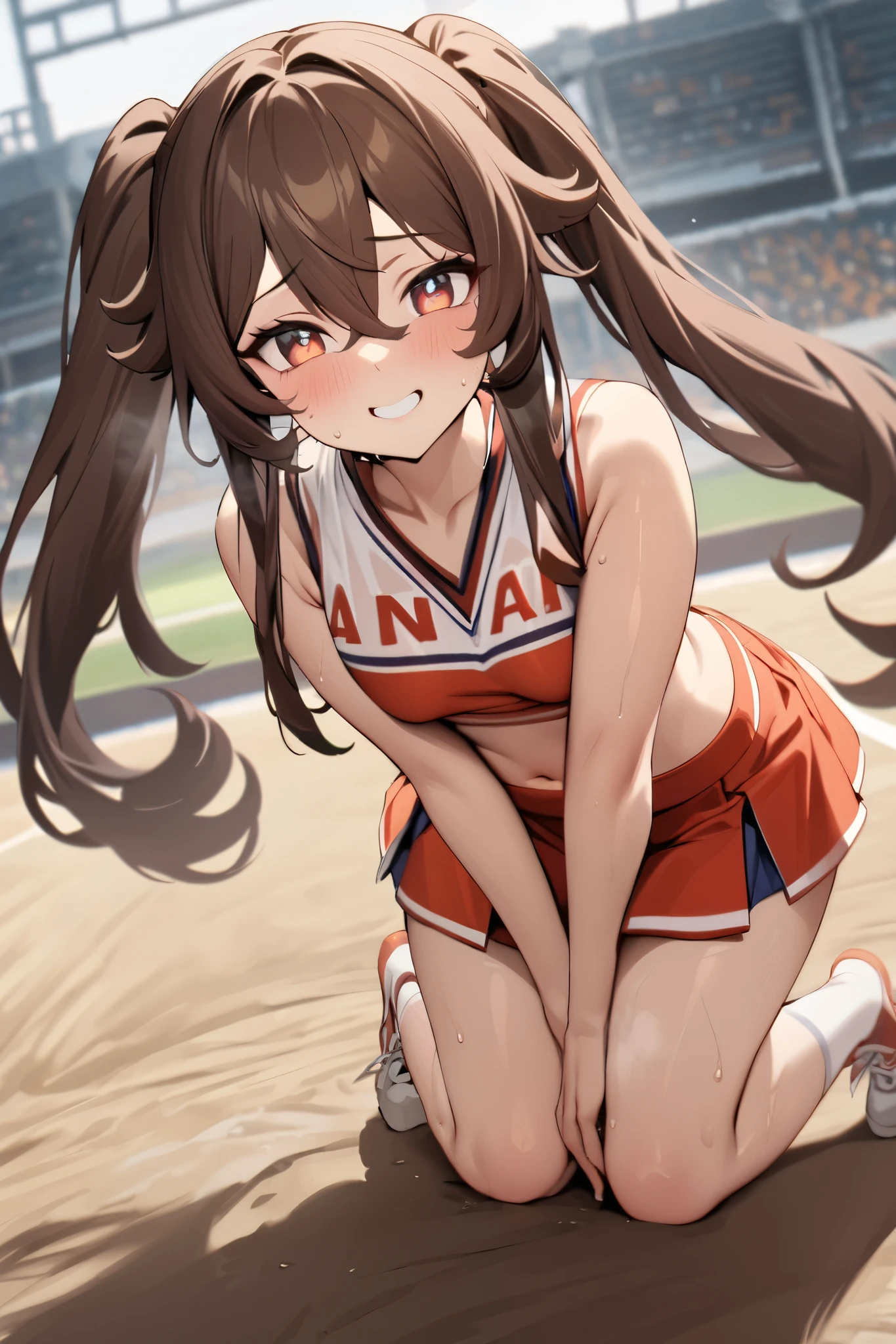 NSFW,masterpiece, top quality , high res, very detailed,Futao\(Genshin Impact\)、 long hair、bangs、Brown Hair、Red Eye、 hair between eyes、 twin tails、side lock、 symbol shaped pupil , cheerleader, crop top, miniskirt, spats,Ground, fresh smile ,sweat, cute pose, is transparent