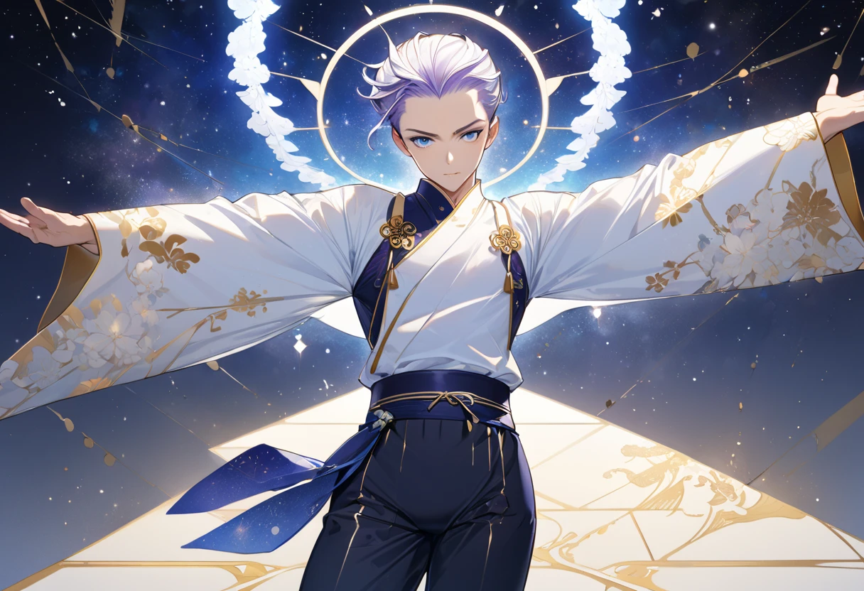 Fresh illustration,
Ultra-fine drawing,
Very delicate illustration,
Very fine details,
One boy,
Full body,
Height 158cm,
Fair skin,
Right eye is purple,
Left eye is blue,
Odd eyes,
Heterochromie iris,
Beautiful eyes,
Large black pupils,
Cleanly cut hairstyle,
Slicked back hairstyle,
Short hair,
Shiny hair,
Blue at the base of the paper and white elsewhere,
Hair with a gradient,
Forehead is exposed,
Cute face,
Pretty face,
A shining angel halo on the back of the head,
Raised eyebrows,
Upper body in kimono,
Upper body in Japanese clothing,
Masculine build,
Six pack,
Very small breasts,
No breasts,
Lower body in Chinese dress,
Black obi,
Overall white clothes,
Tasteful embroidery with gold thread,
Clothes with a high-quality texture ,
Jock strap,
Thigh strap,
Thigh strap digging into skin,
White long boots,
Japanese style toe,
Five fingers on hands and feet,
Thin waist,
Thin legs,
Isometric,
Golden ratio,
Divine atmosphere,
Wearing an indigo-colored stand-up collared inner,
Outer space,
Galaxy,
Countless small stars,
Tactical use of shadows,
Free pose,
Sexy pose,
Exposing skin,
Erotic pose,
Adult pose,
Lewd appearance,
Looking at camera,
Buttocks facing camera,
Pervert,
See-through clothes,
Masochistic pose,