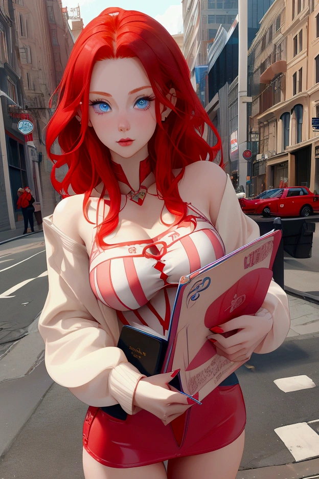  Beautiful girl . She is 22 years old .  bright red hair  .  blue eyes  .  There is a tattoo with an inscription around her neck " Lera  " .  160 cm height  . 3 breast size .  She is wearing simple clothes  . stands on the street .  She has a notebook and pen in her hand  .