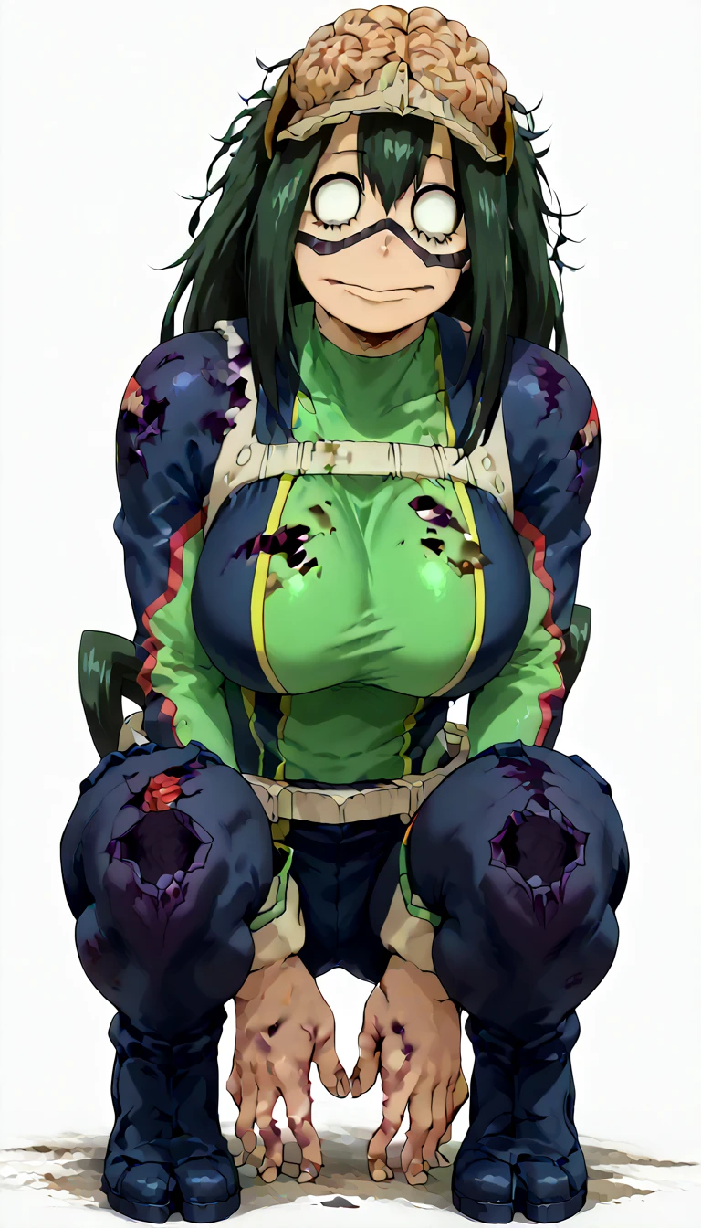 score_9_up, score_8_up, score_7_up, cowboy shot, 1girl, Asui Tsuyu\(boku no hero academia\), green hair, very long hair, low-tied long hair, tied hair, black eyes, wide hips, medium breasts, (torn clothes), (torn suit), (wounds on body), source_anime, anime style, (destroyed city), (annoyed), (nude), (wounds on face)