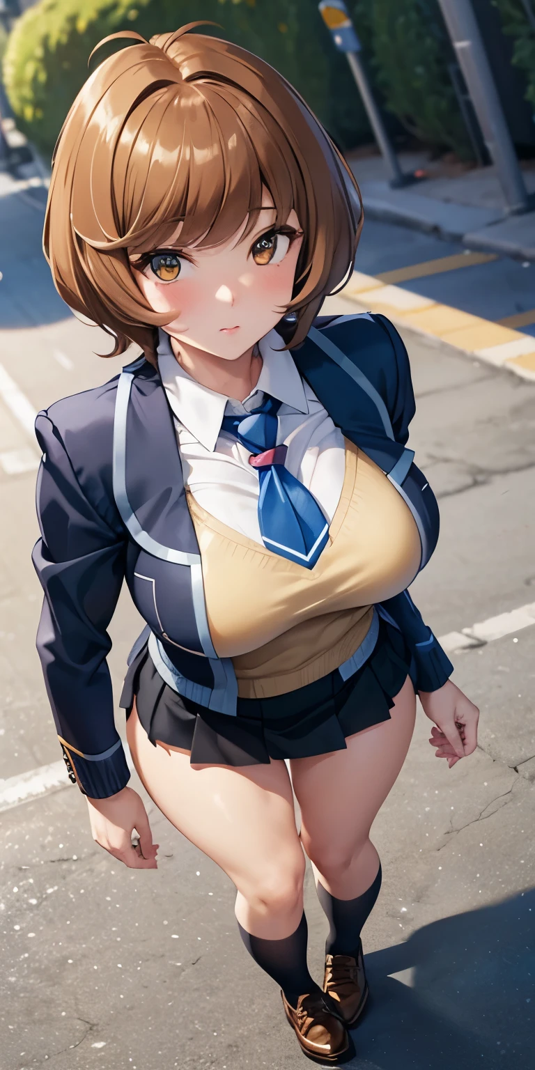 1 Female,High definition,high resolution,Ultra-realistic,8K, hmza, short hair, antenna hair, brown eyes, school uniform, blue necktie, yellow shirt,black jacket, long sleeves, black skirt,tight skirt, miniskirt, large breasts, brown shoes,large breasts,European,sexy,Upper body close-up,Photographed from the front,Dynamic Angles,private teacher,A little sheer underwear,blue underwear,blush, big tits ,(top view),(full body), perfect face,cute face