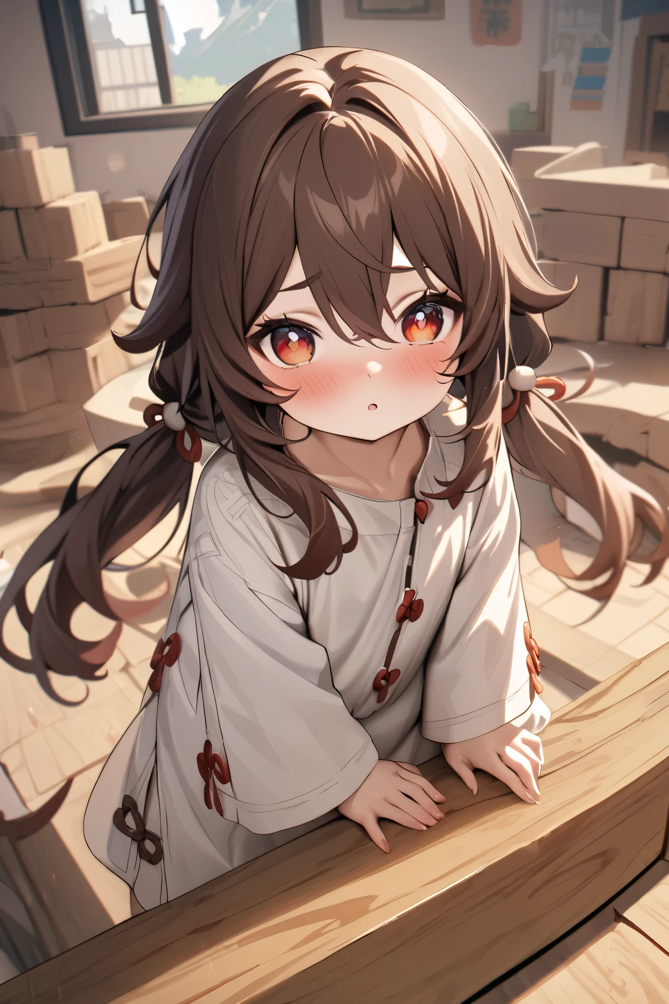 NSFW,masterpiece, top quality , high res, very detailed,Futao\(Genshin Impact\)、 long hair、bangs、Brown Hair、Red Eye、 hair between eyes、 twin tails、side lock、 symbol shaped pupil ,Smock,blush, Kindergarten,Building blocks