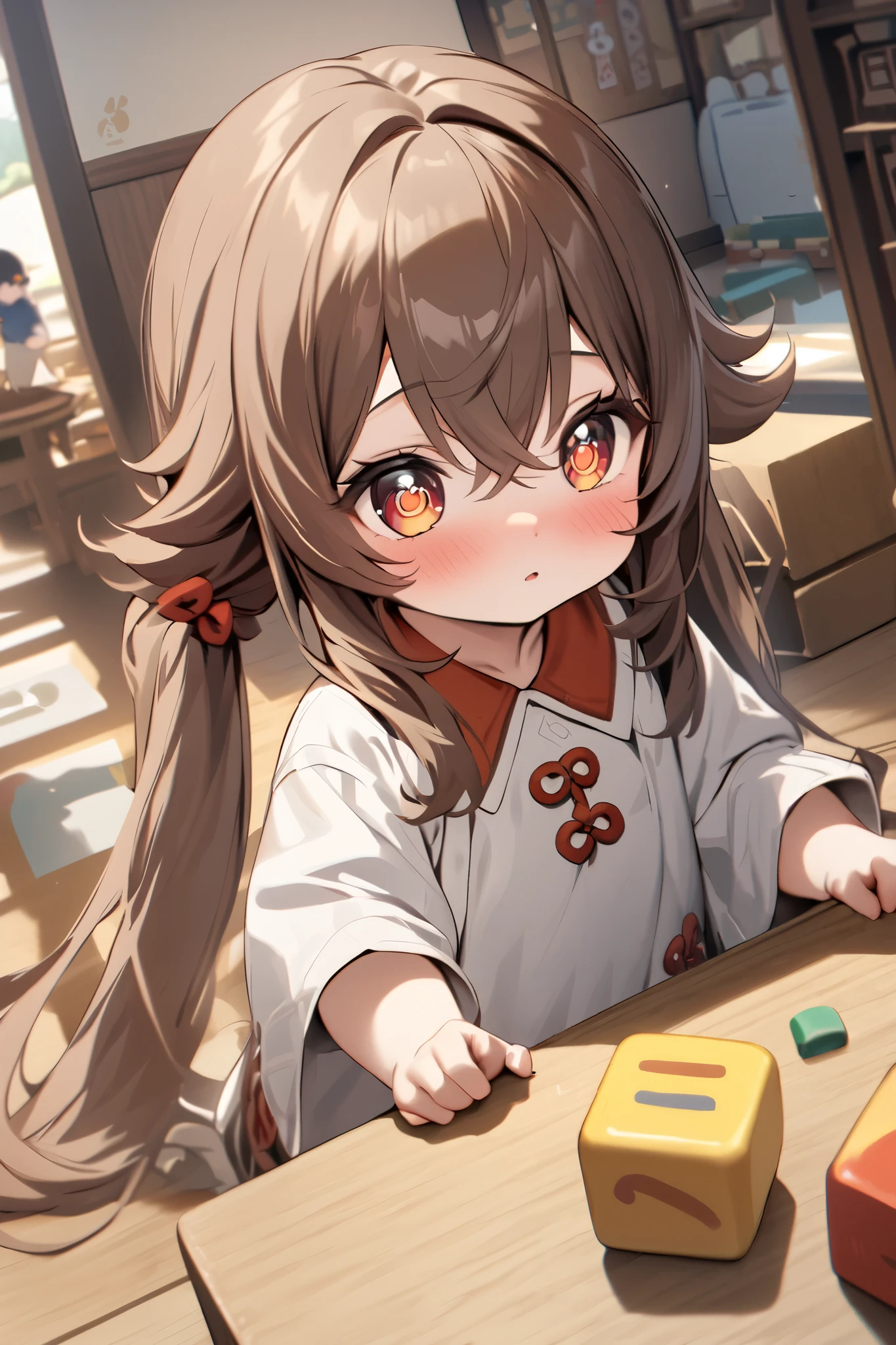 NSFW,masterpiece, top quality , high res, very detailed,Futao\(Genshin Impact\)、 long hair、bangs、Brown Hair、Red Eye、 hair between eyes、 twin tails、side lock、 symbol shaped pupil ,Smock,blush, Kindergarten,Building blocks