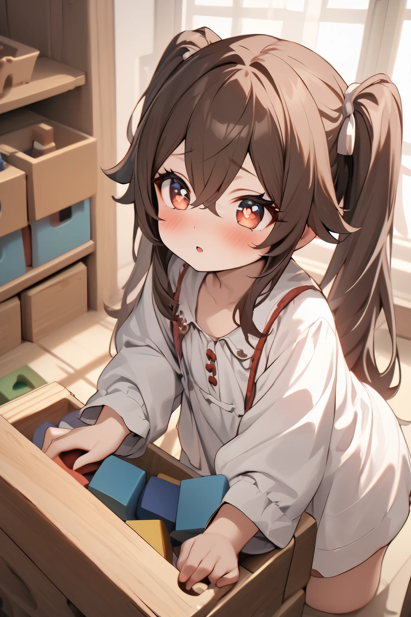 NSFW,masterpiece, top quality , high res, very detailed,Futao\(Genshin Impact\)、 long hair、bangs、Brown Hair、Red Eye、 hair between eyes、 twin tails、side lock、 symbol shaped pupil ,Smock,blush, Kindergarten,Building blocks