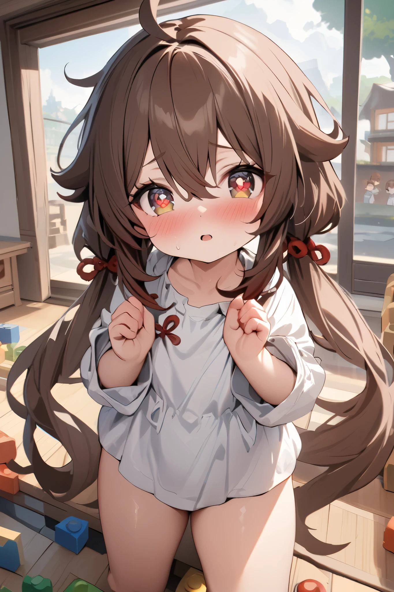 NSFW,masterpiece, top quality , high res, very detailed,Futao\(Genshin Impact\)、 long hair、bangs、Brown Hair、Red Eye、 hair between eyes、 twin tails、side lock、 symbol shaped pupil ,Smock,blush, Kindergarten,Building blocks