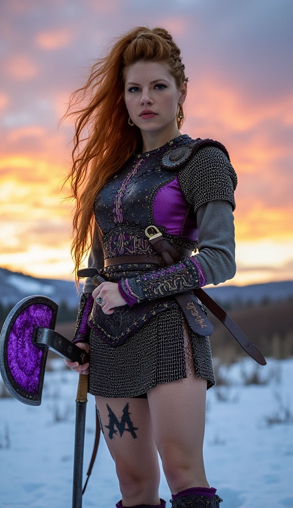 (best quality, 128k,highres,masterpiece:1.2),ultra-detailed,(realistic,photorealistic,photo-realistic:1.37), ((masterpiece)) ((photography)) ((Highest quality)) A sexy Viking warrior with long fiery red hair, wearing a lightweight armor inspired by aubergine motifs, featuring metallic purple and gold details. Her chest and hands are adorned with artistic tattoos of aubergines, while a bold "M" tattoo is etched on her thigh. She wields a rune-engraved purple glowing axe, standing proudly on a snowy battlefield under a twilight sky with golden and violet hues.