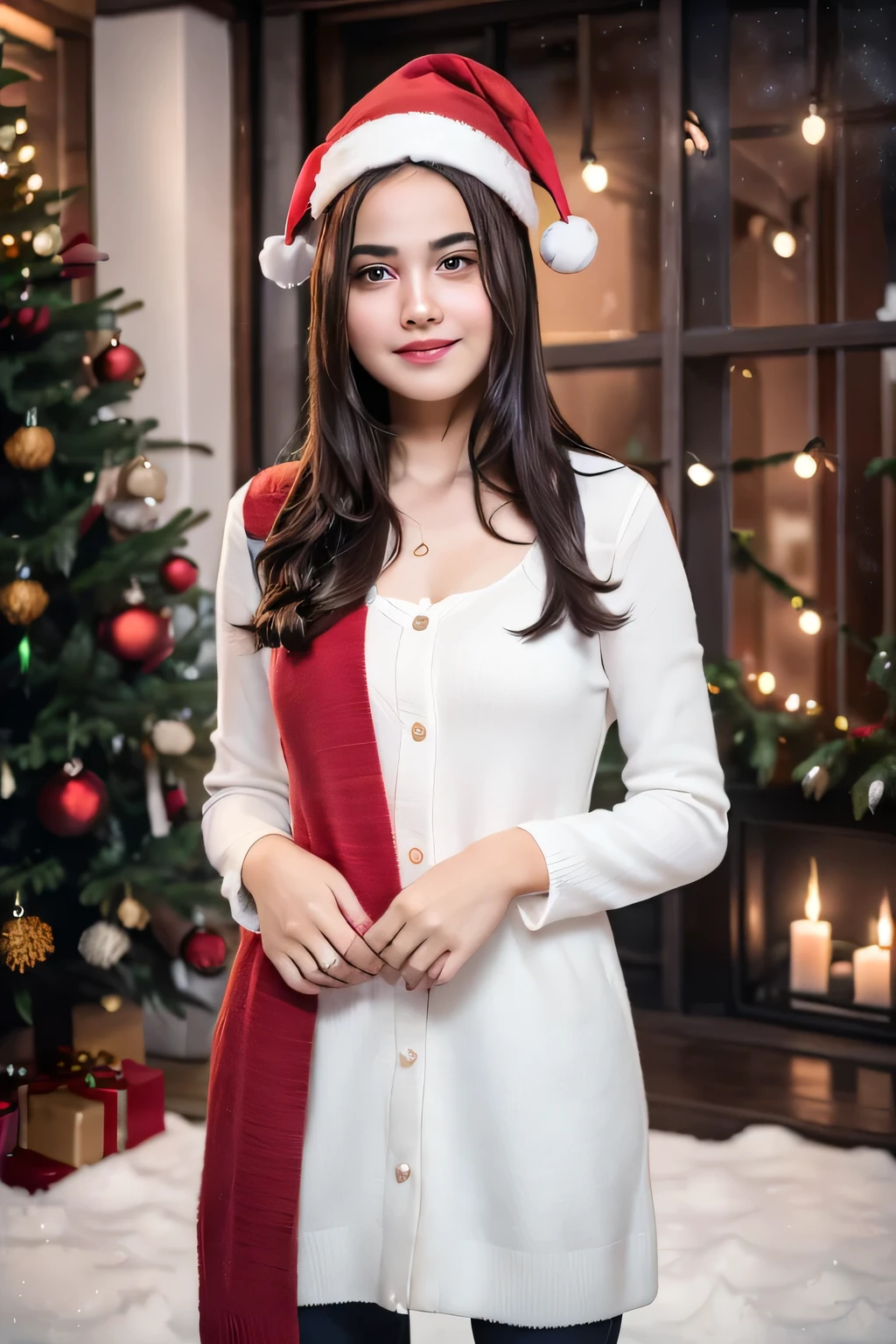 Ultra-realistic 4K photography, a sweet and delicate  light brunette girl with long, straight hair, wearing a Santa hat, standing next to a beautifully decorated Christmas tree. She has a gentle and kind expression, posed like a professional model, surrounded by soft, glowing Christmas lights. The scene captures the magic of Christmas with detailed ornaments, a cozy and festive atmosphere, and a slight blur of snow falling in the background. Focus on rich textures, natural lighting, and vibrant holiday colors (red, green, and gold).