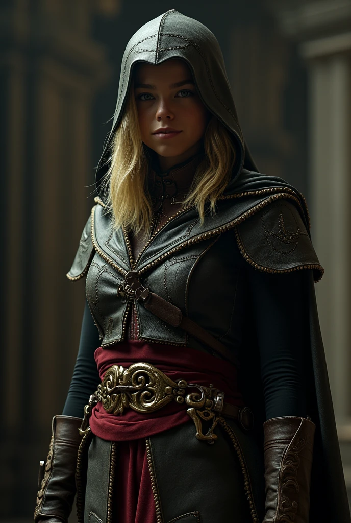 Milly Alcock, blonde hair, assassin's creed outfit 