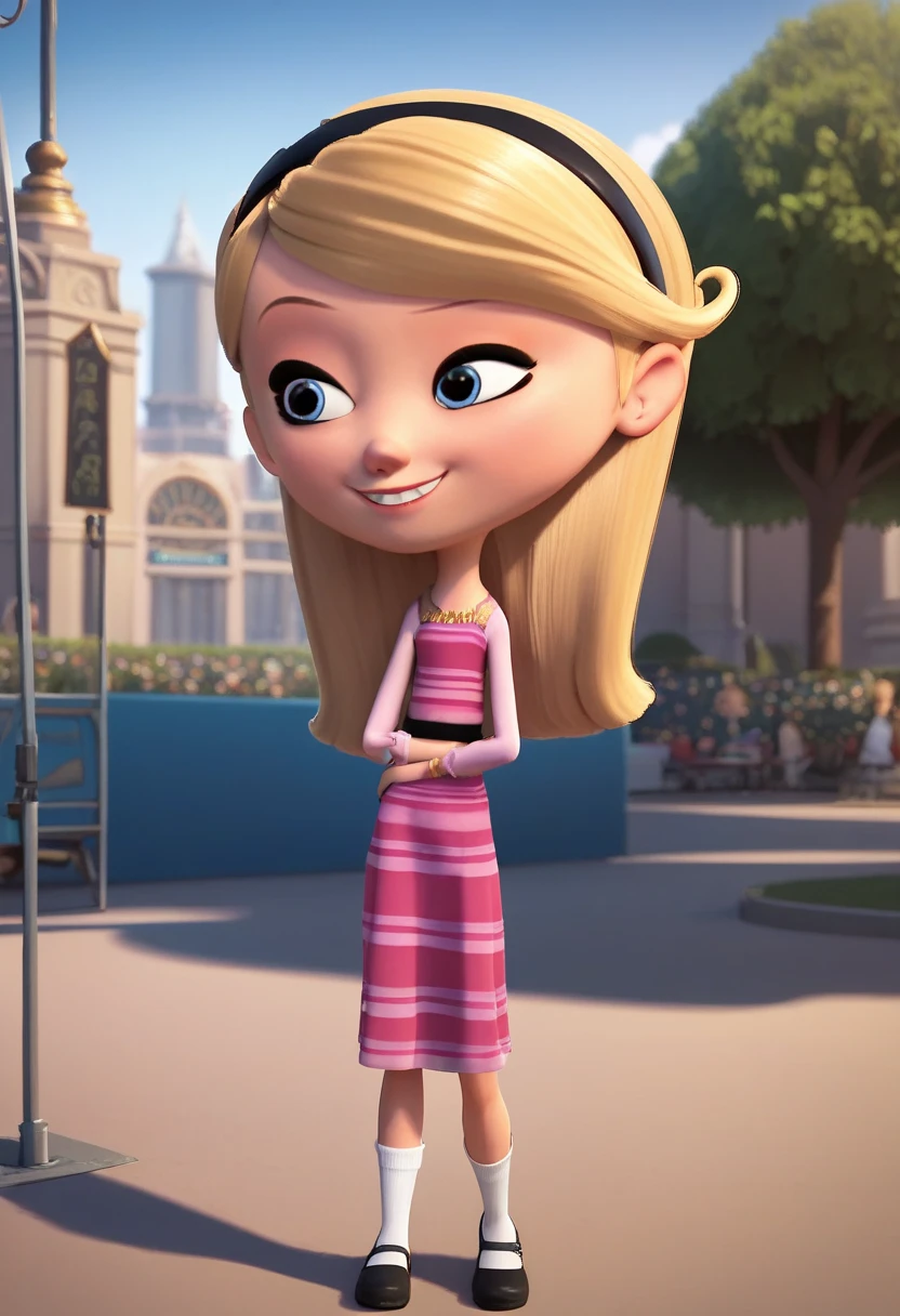 1girl, solo, full body, penny peterson, long hair, blue eyes, 3d, blonde hair, skirt, hairband, black hairband, white socks, dress, pink dress, long sleeves, ((central Park)), Arms crossed, Standing On, Hands on hips, smiling, raising Her left eyebrow 